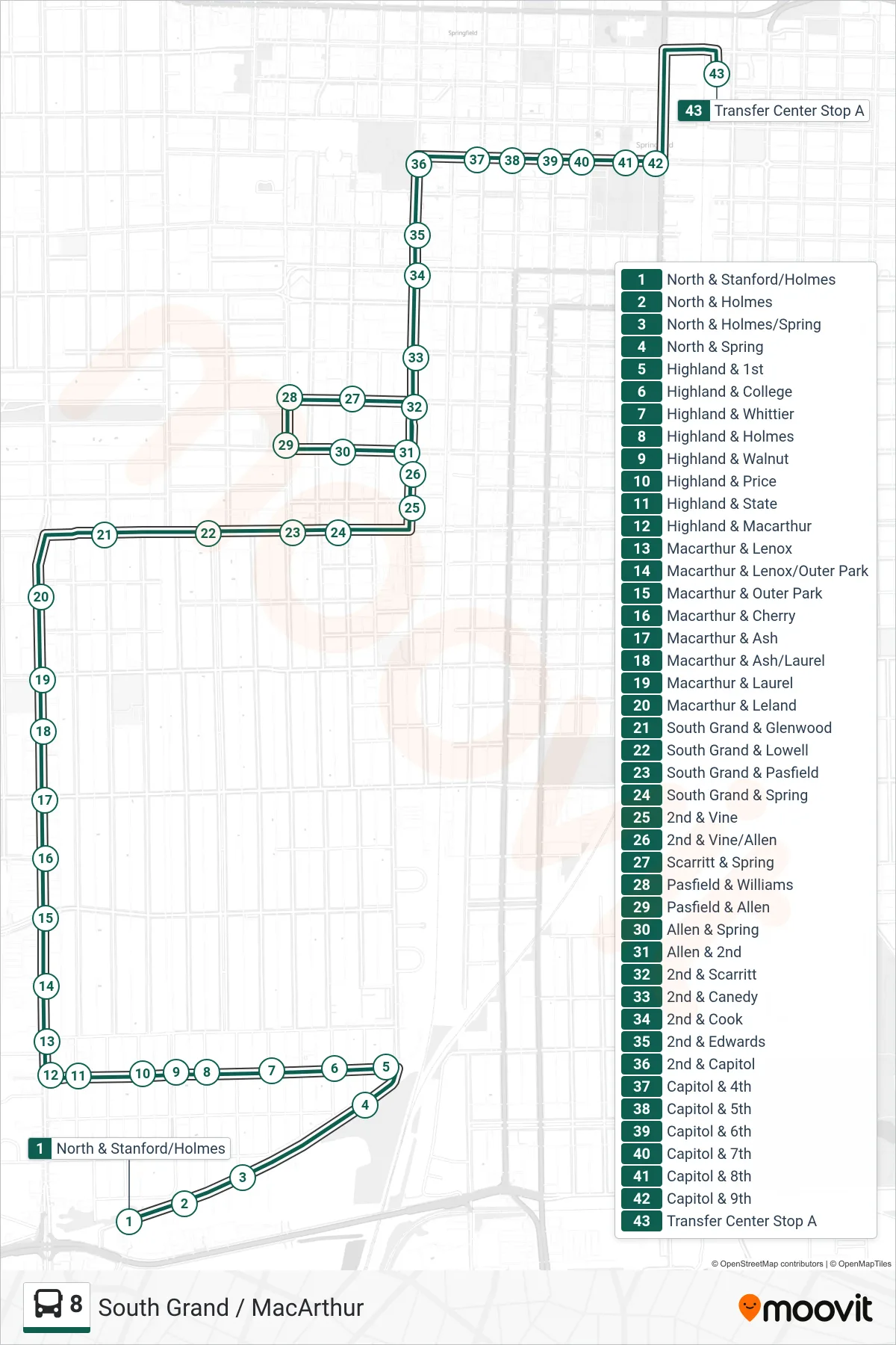 8 bus Line (8 Macarthur South Grand Transfer Center) route and stops on a map