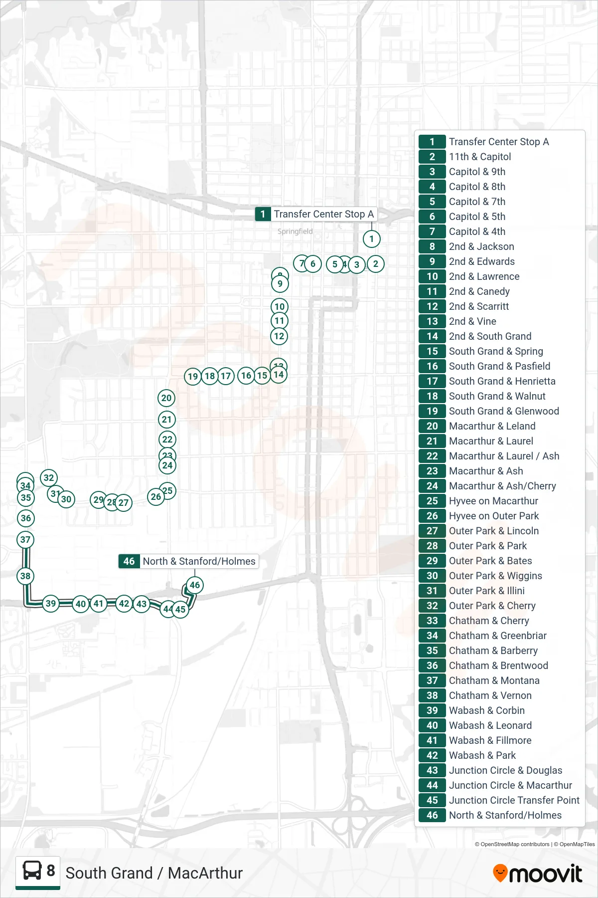 8 bus Line (8 South Grand Macarthur North Street) route and stops on a map