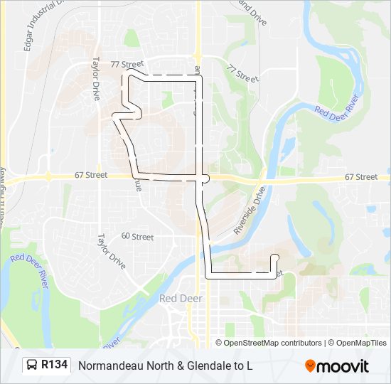 Plan de la ligne R134 de bus