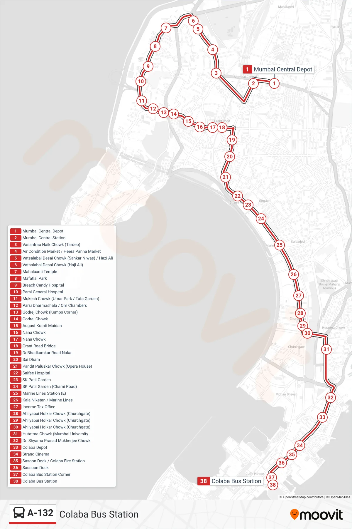 A-132 bus Line (Colaba Bus Station) route and stops on a map