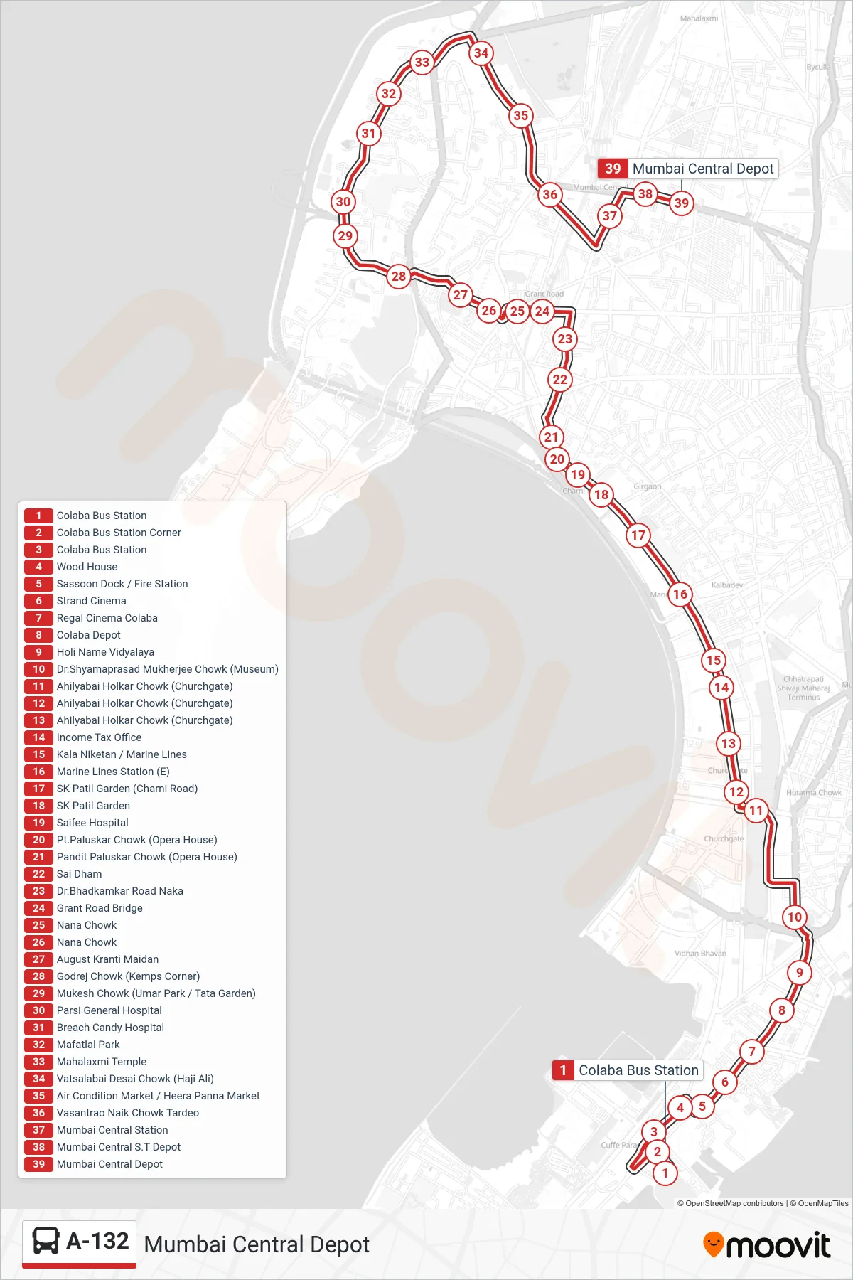 A-132 bus Line (Mumbai Central Depot) route and stops on a map