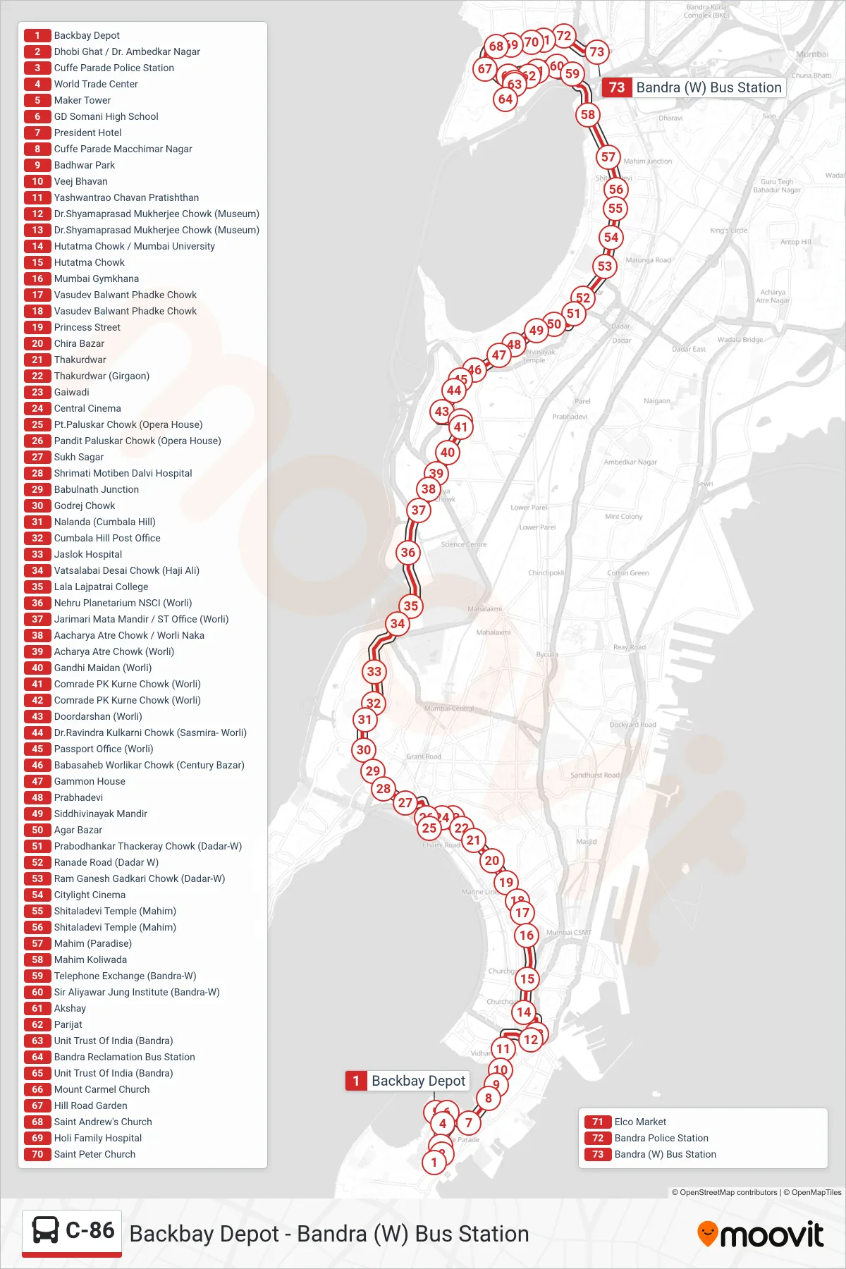 C-86 bus Line (Bandra (W) Bus Station) route and stops on a map