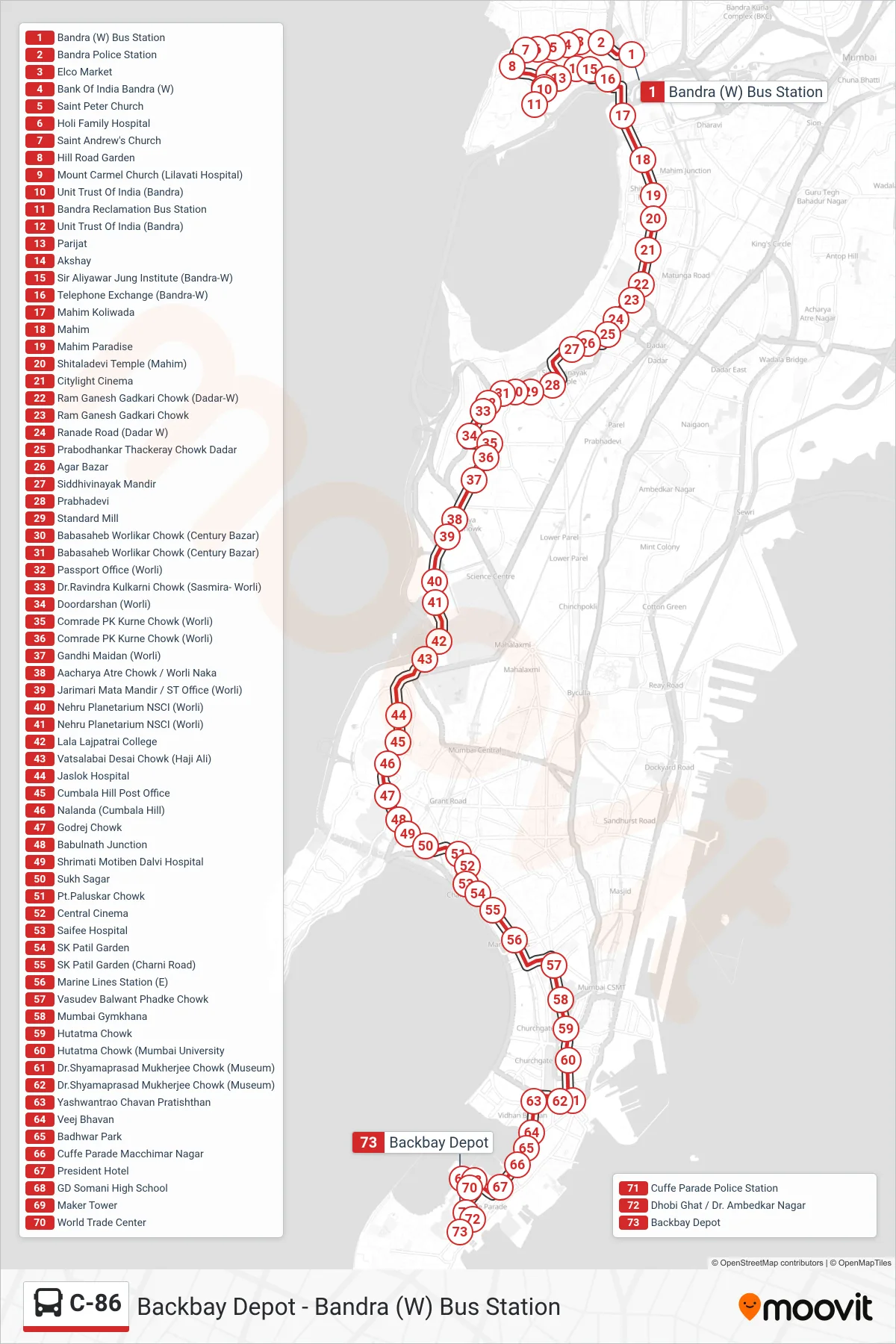 C-86 bus Line (Backbay Depot) route and stops on a map
