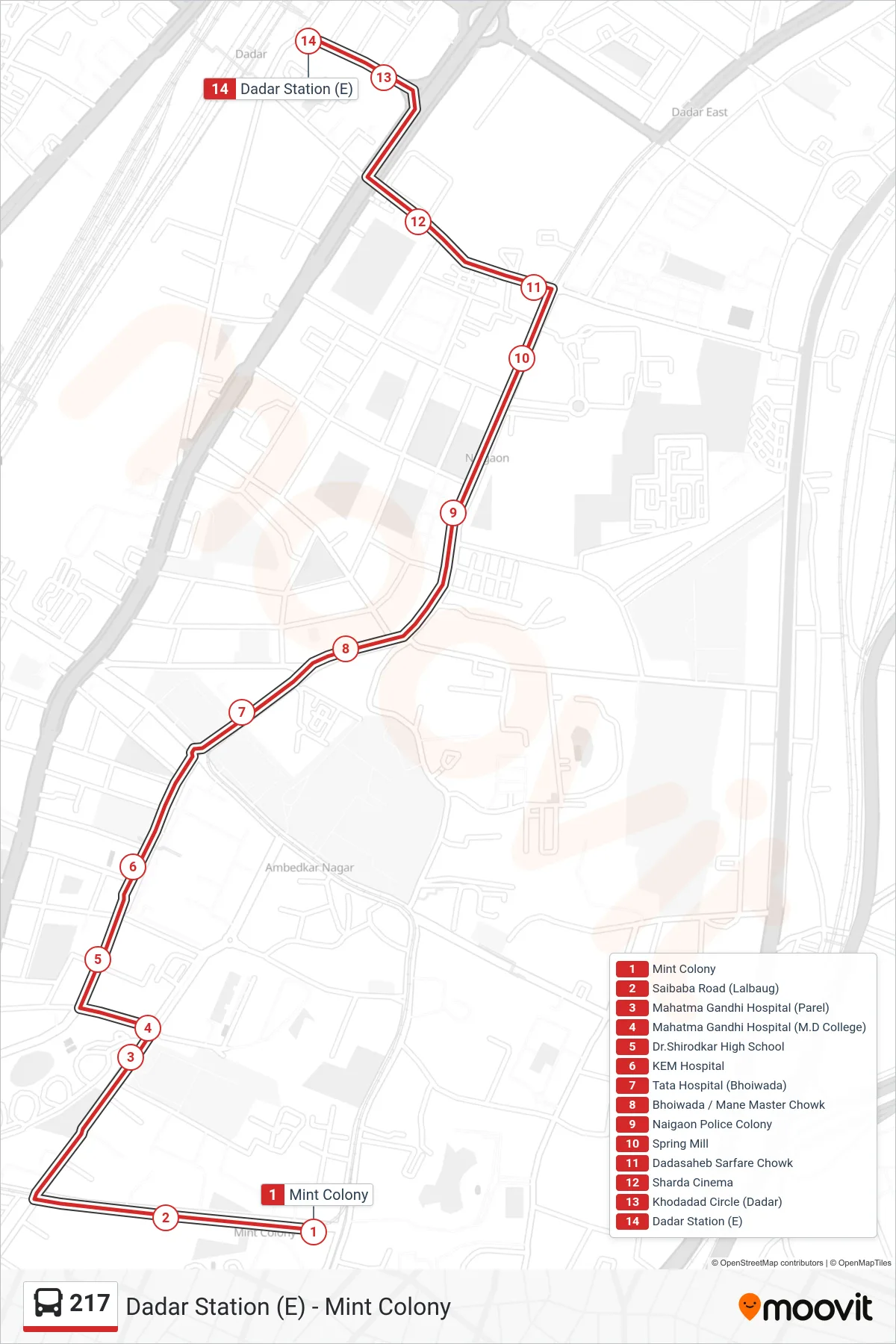 217 bus Line (Dadar Station (E)) route and stops on a map