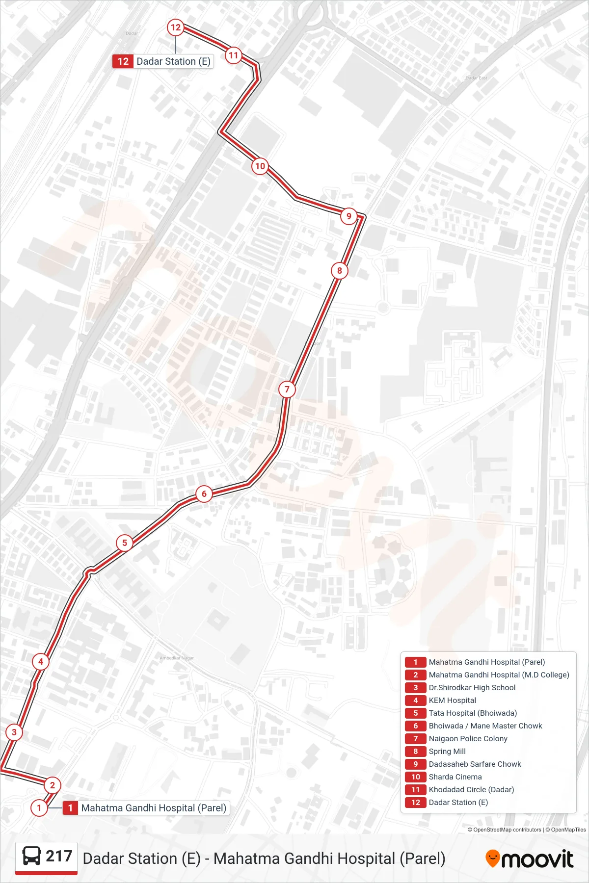 217 bus Line (Dadar Station (E)) route and stops on a map