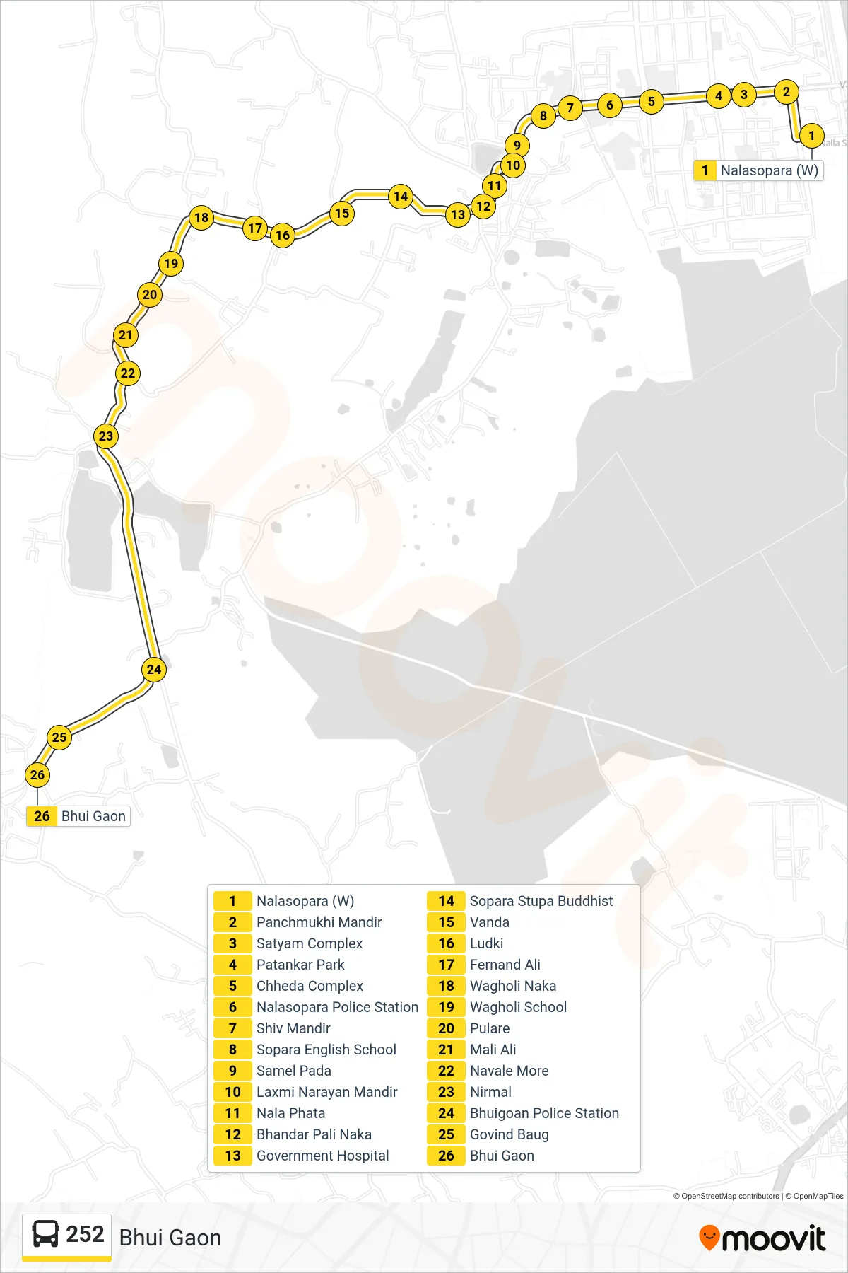 252 bus Line (Bhui Gaon) route and stops on a map