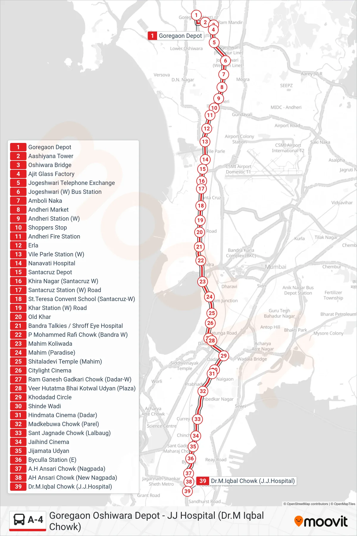 A-4 bus Line (JJ Hospital (Dr.M Iqbal Chowk)) route and stops on a map