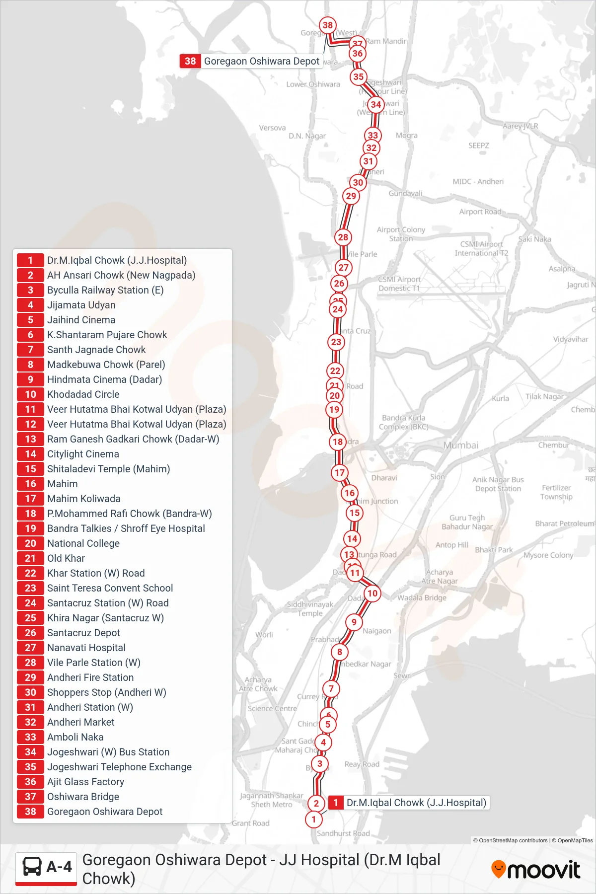 A-4 bus Line (Goregaon Oshiwara Depot) route and stops on a map