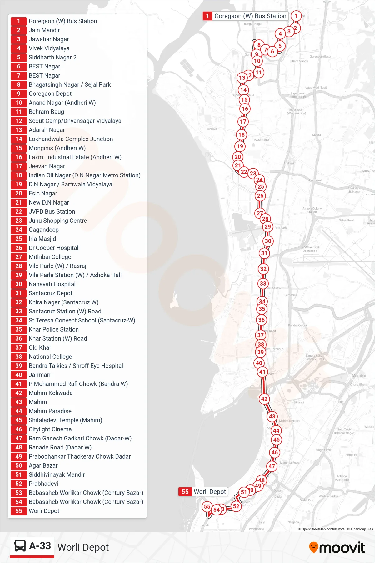 A-33 bus Line (Worli Depot) route and stops on a map