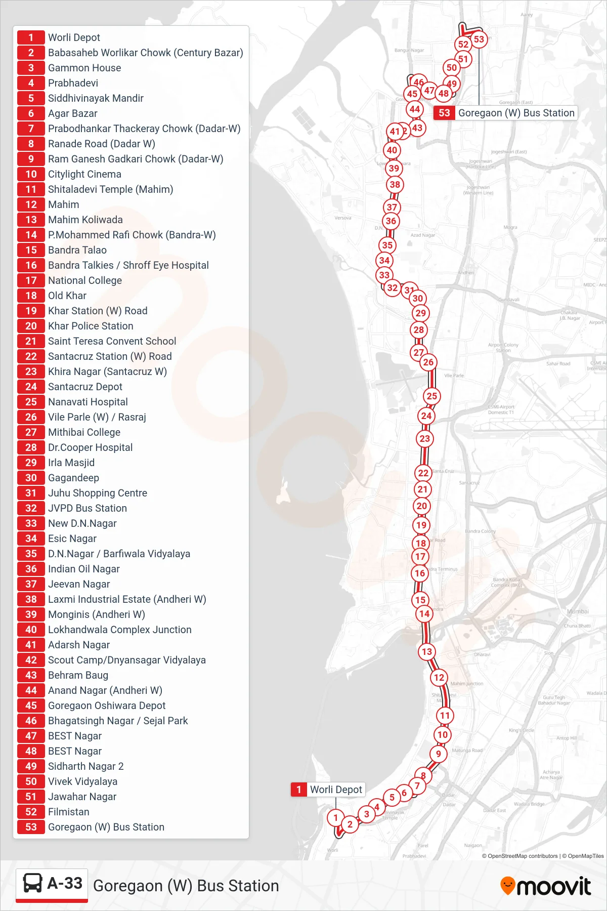 A-33 bus Line (Goregaon (W) Bus Station) route and stops on a map