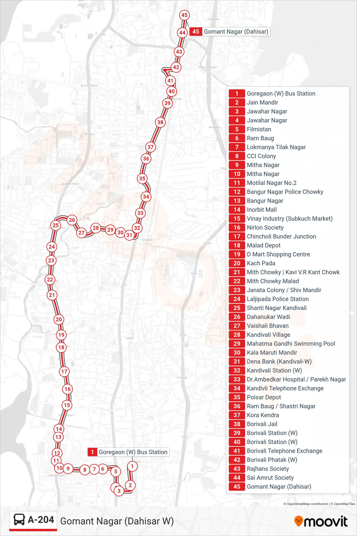 A-204 bus Line (Gomant Nagar (Dahisar W)) route and stops on a map
