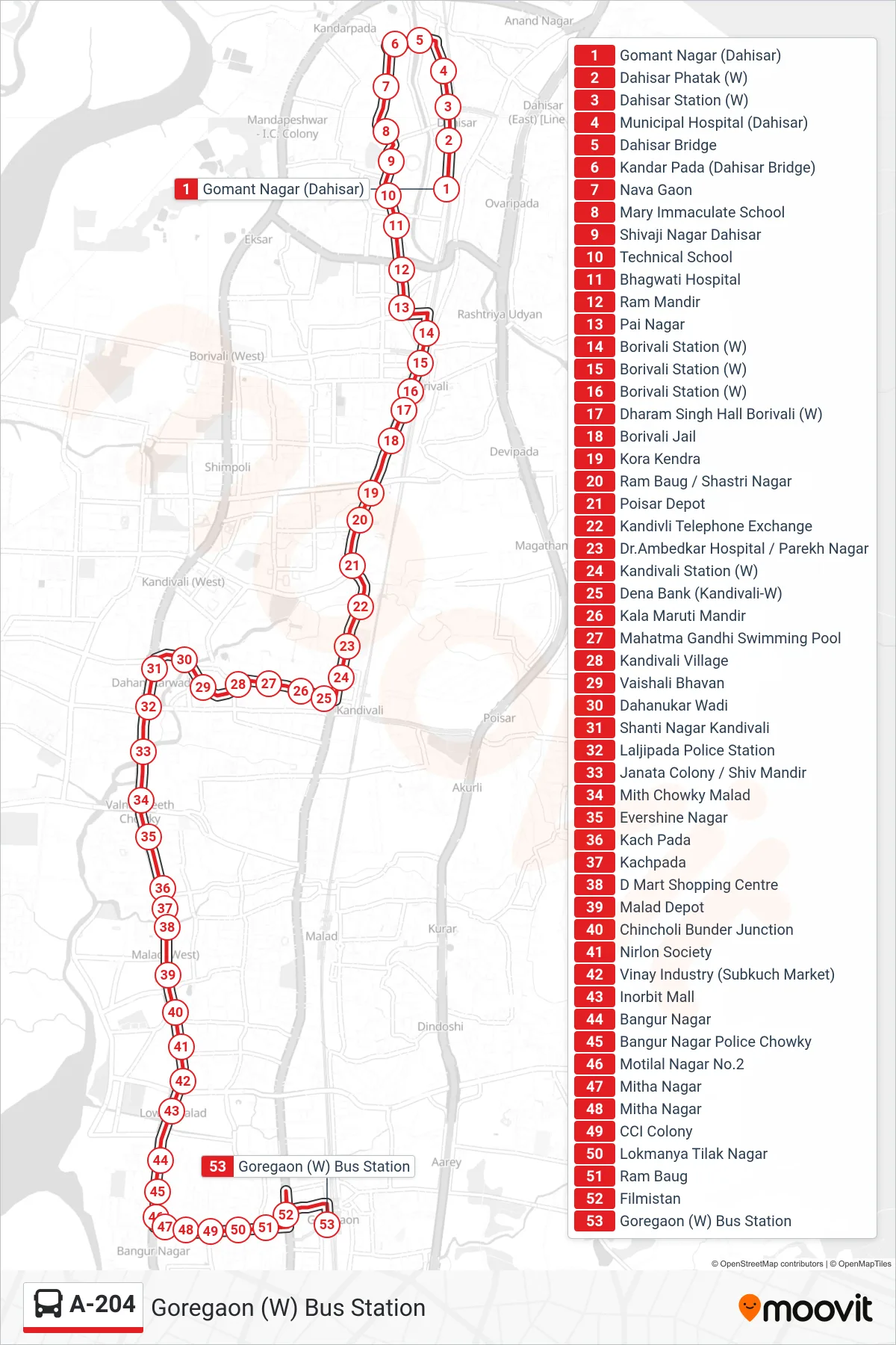 A-204 bus Line (Goregaon (W) Bus Station) route and stops on a map