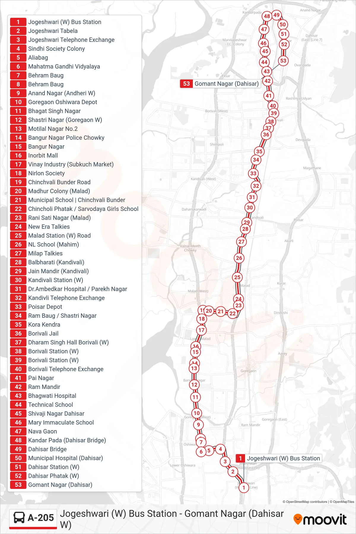 A-205 bus Line (Gomant Nagar (Dahisar W)) route and stops on a map