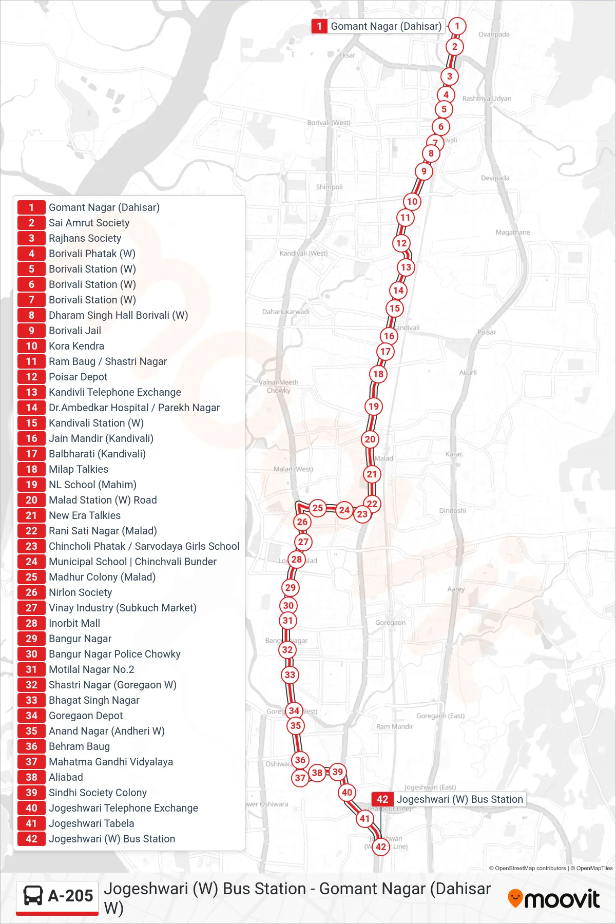 A-205 bus Line (Jogeshwari (W) Bus Station) route and stops on a map