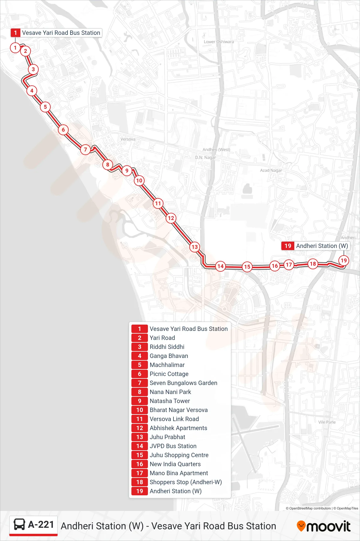 A-221 bus Line (Andheri Station (W)) route and stops on a map