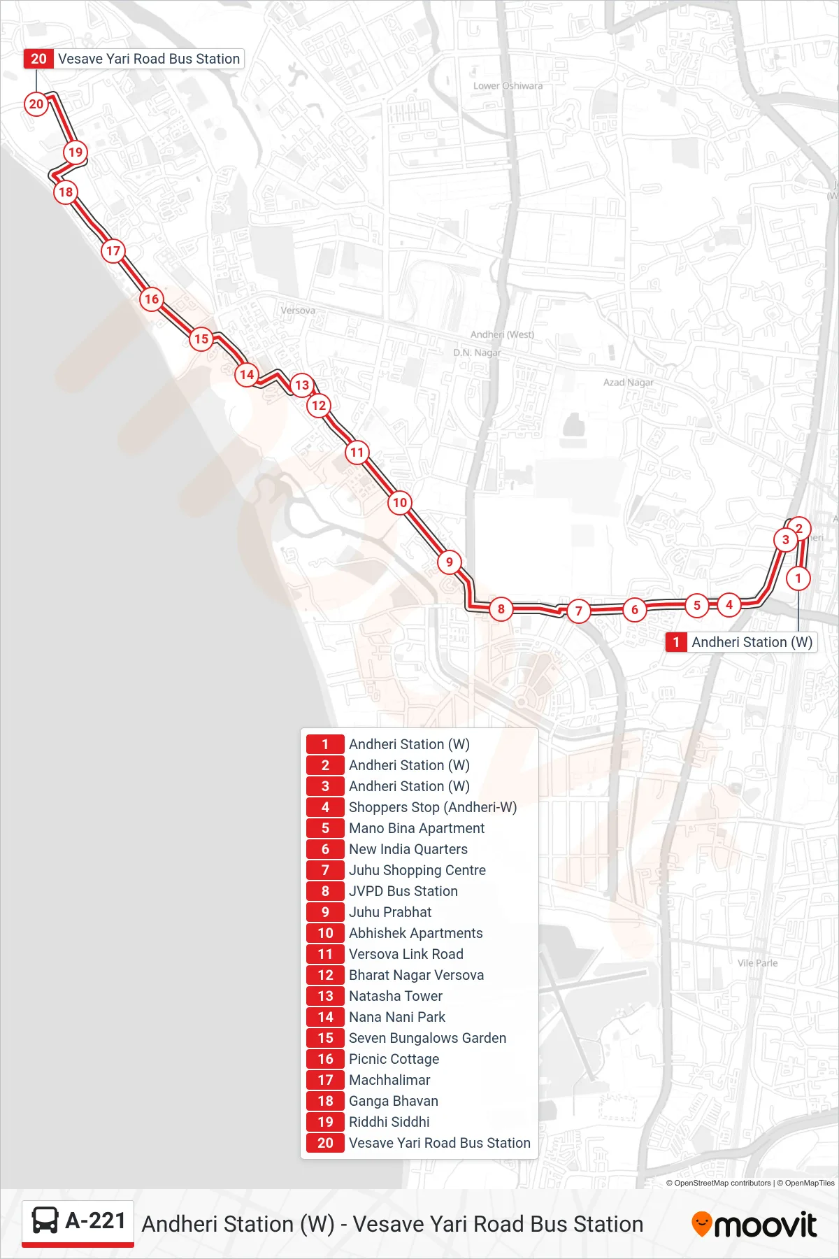A-221 bus Line (Vesave Yari Road Bus Station) route and stops on a map