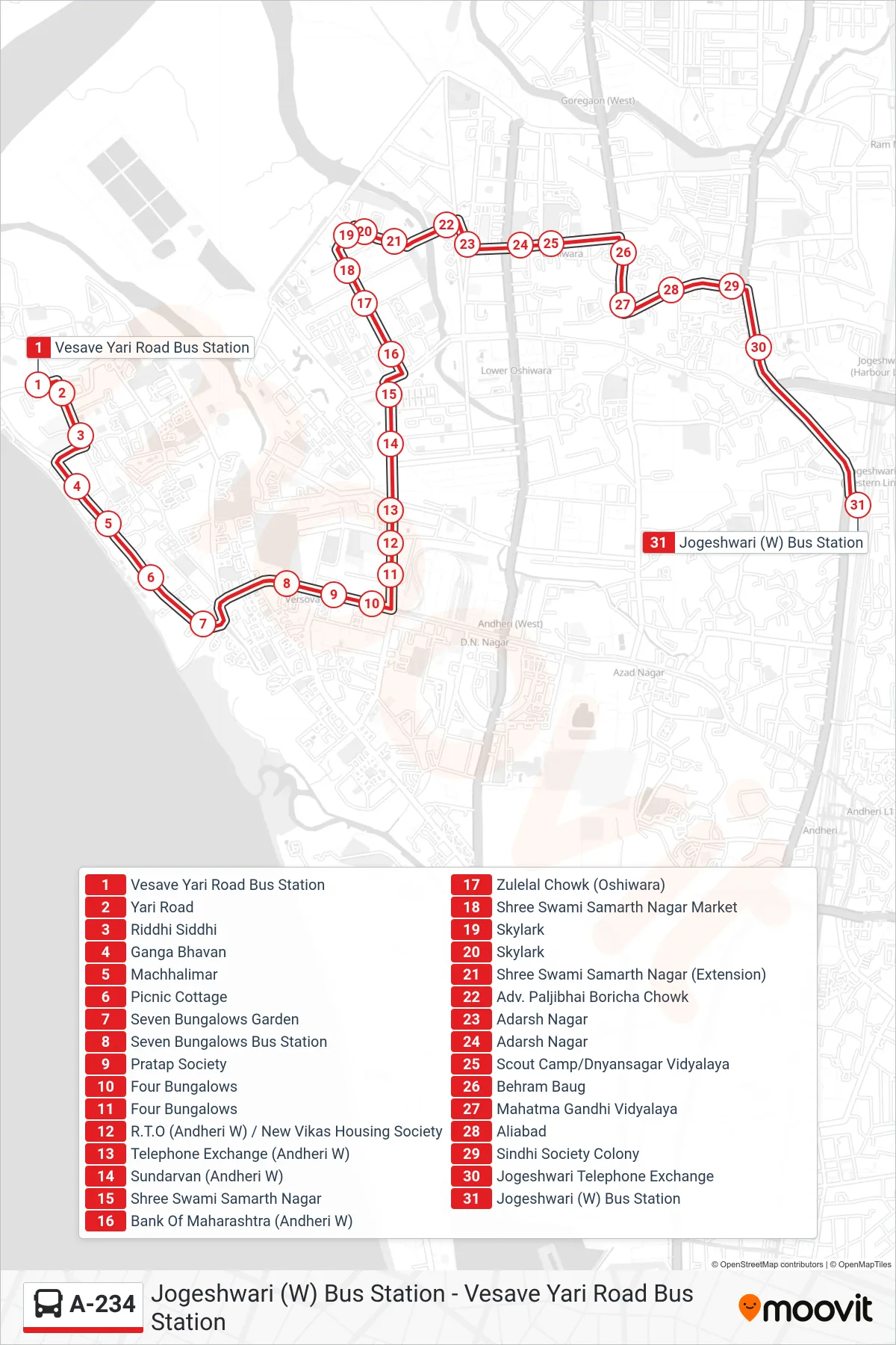 A-234 bus Line (Jogeshwari (W) Bus Station) route and stops on a map