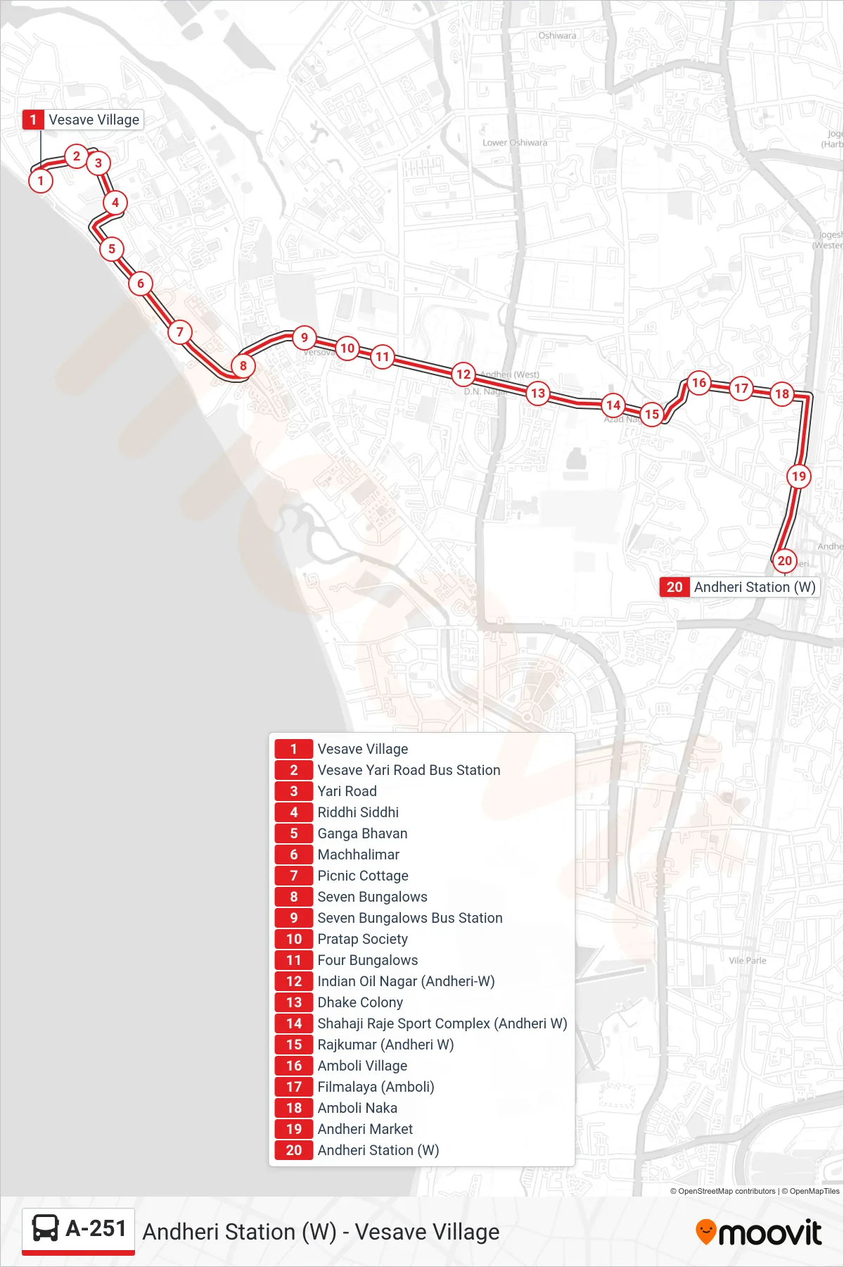 A-251 bus Line (Andheri Station (W)) route and stops on a map