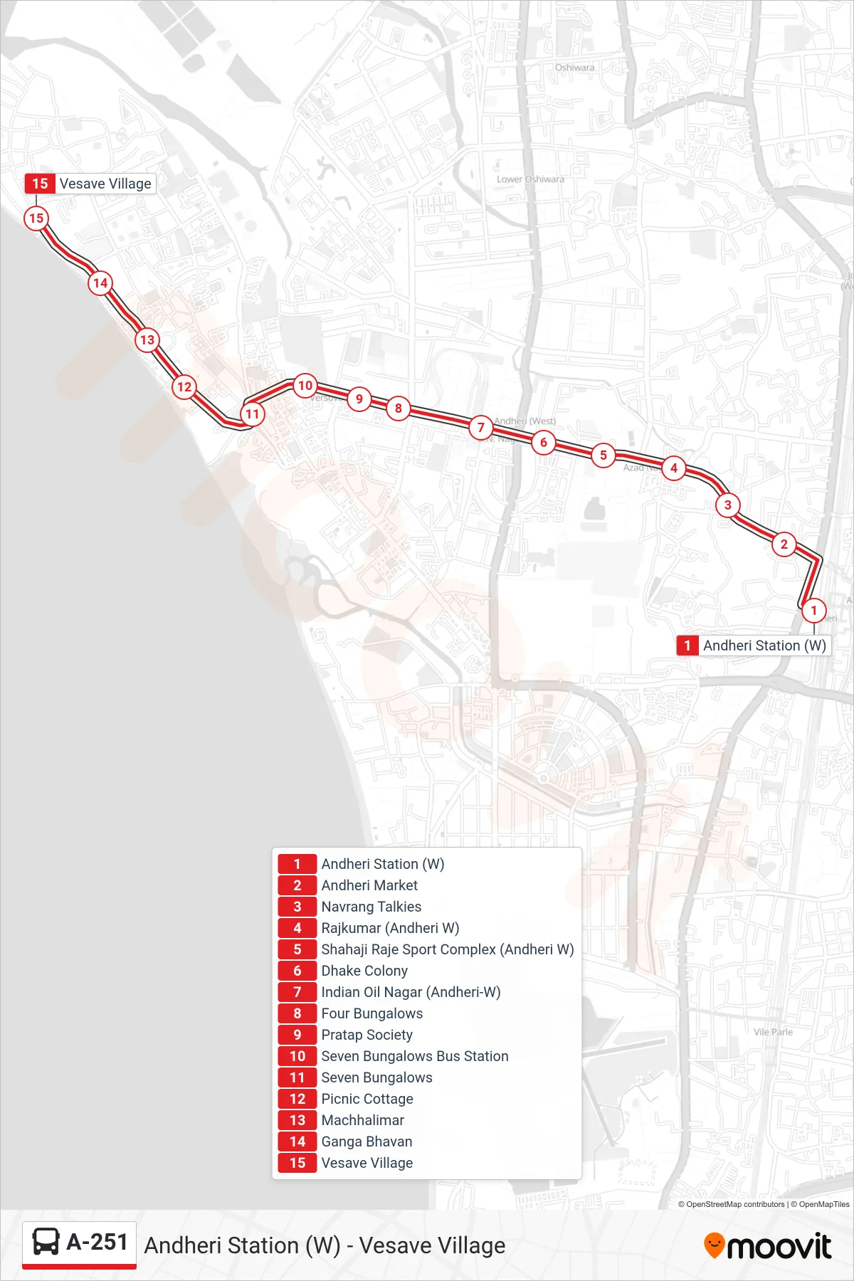 A-251 bus Line (Vesave Village) route and stops on a map