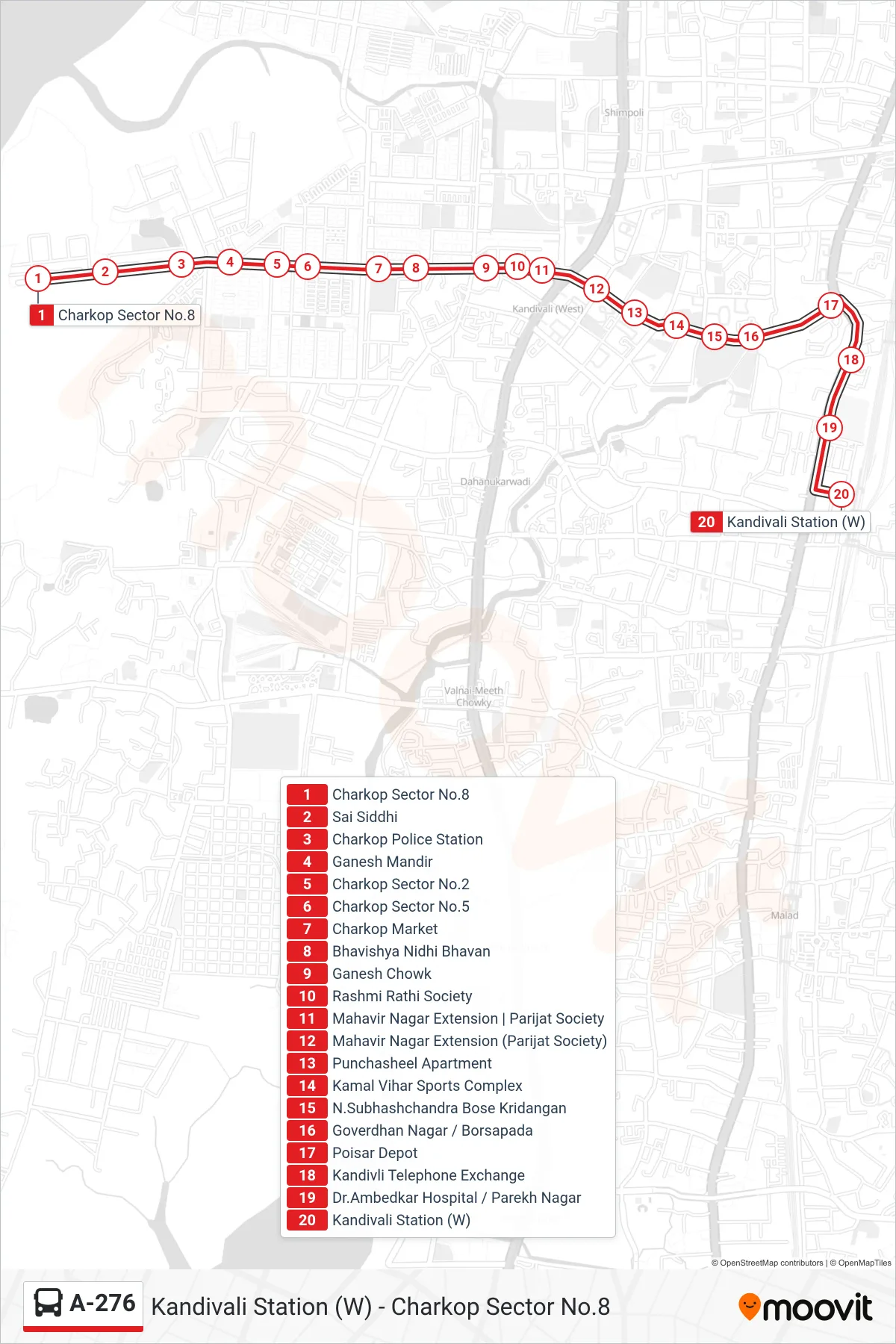 A-276 bus Line (Kandivali Station (W)) route and stops on a map