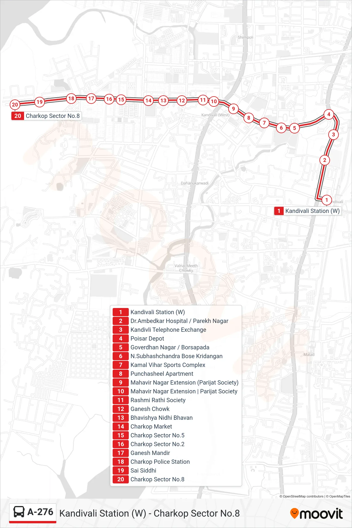 A-276 bus Line (Charkop Sector No.8) route and stops on a map