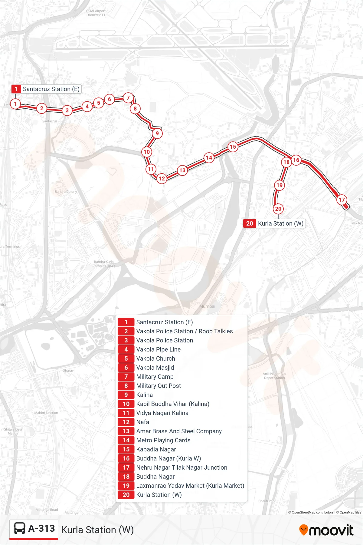 A-313 bus Line (Kurla Station (W)) route and stops on a map