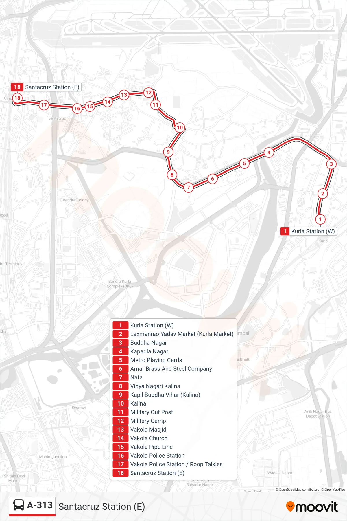 A-313 bus Line (Santacruz Station (E)) route and stops on a map