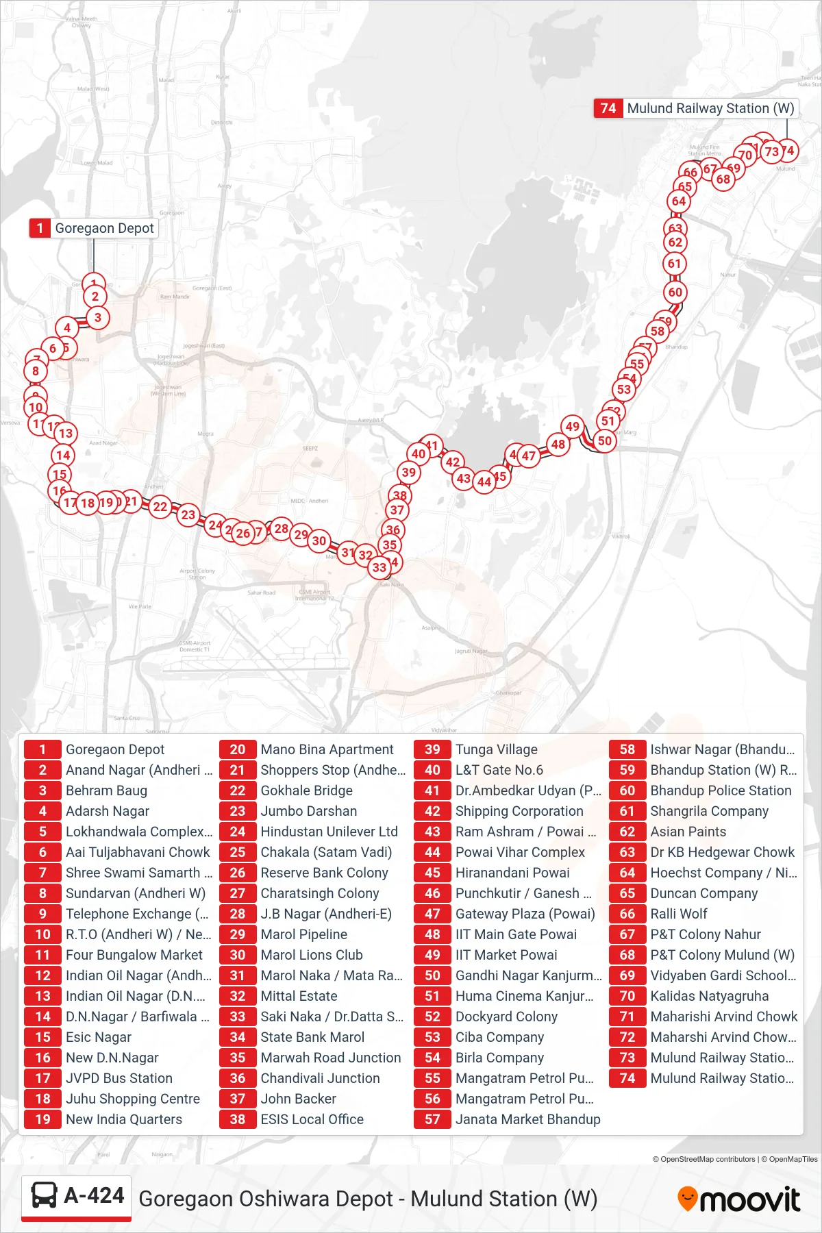A-424 bus Line (Mulund Station (W)) route and stops on a map