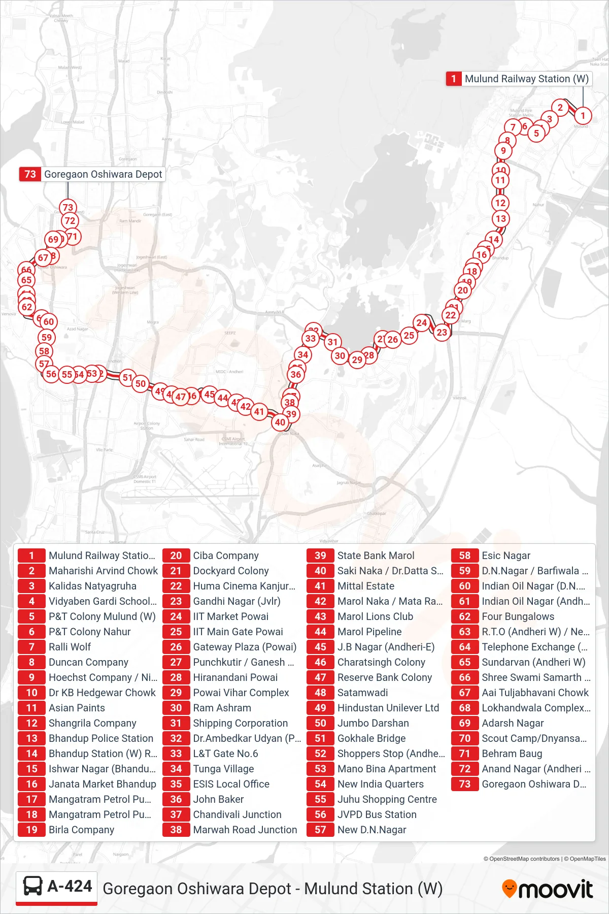 A-424 bus Line (Goregaon Oshiwara Depot) route and stops on a map