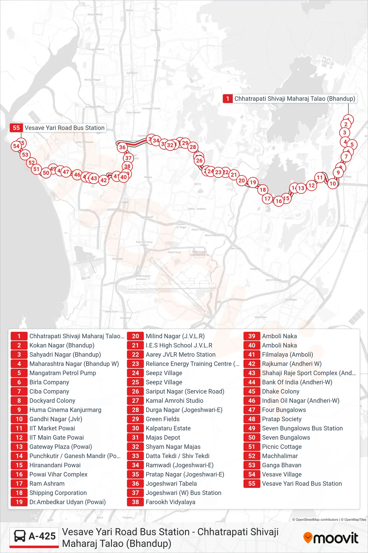 A-425 bus Line (Vesave Yari Road Bus Station) route and stops on a map