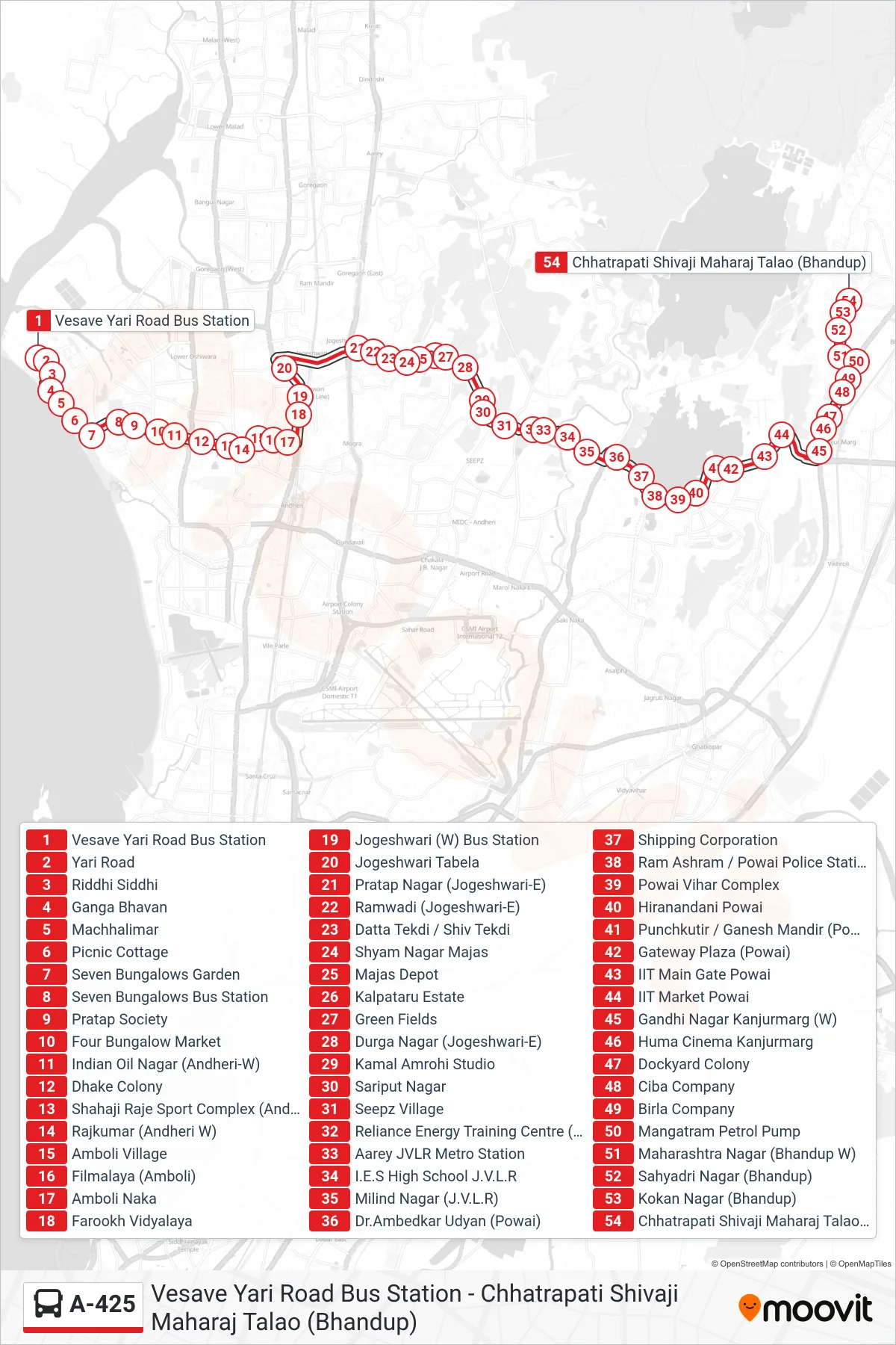 A-425 bus Line (Chhatrapati Shivaji Maharaj Talao (Bhandup)) route and stops on a map