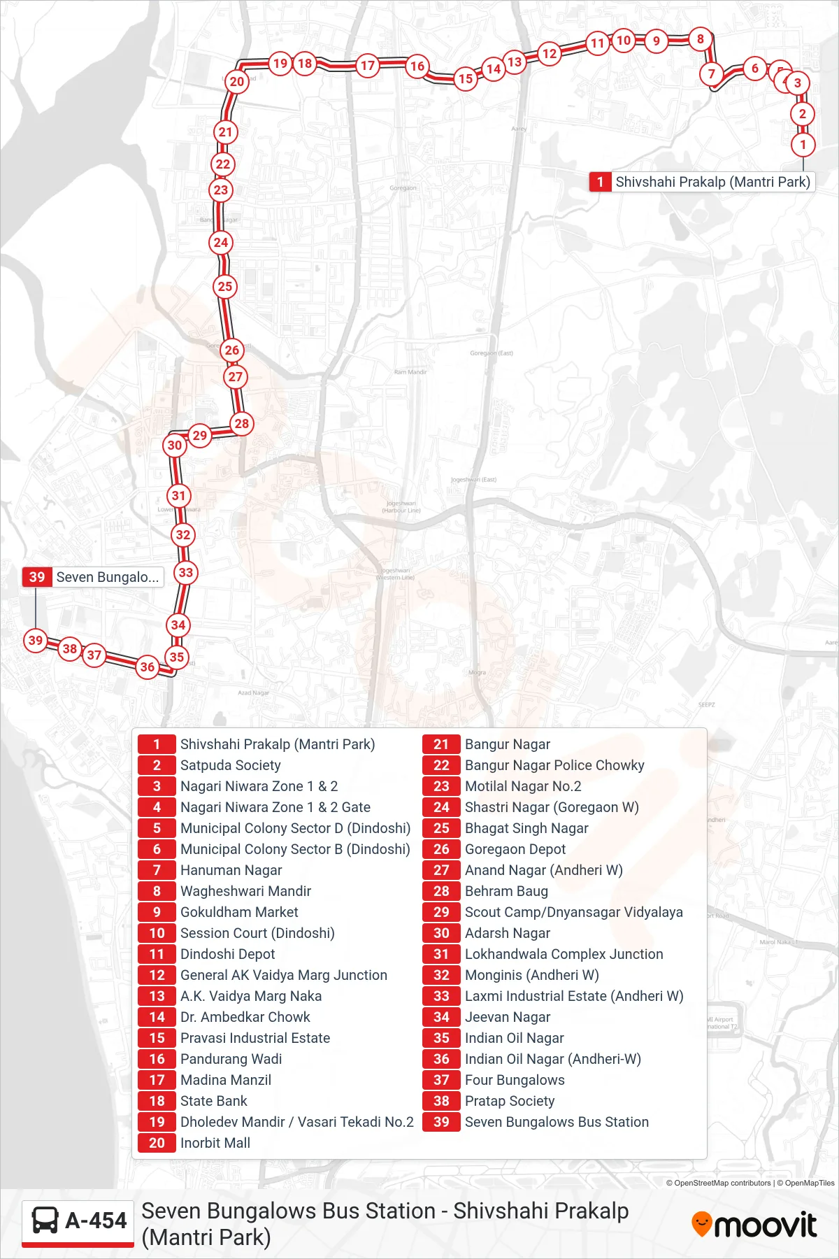 A-454 bus Line (Seven Bungalows Bus Station) route and stops on a map