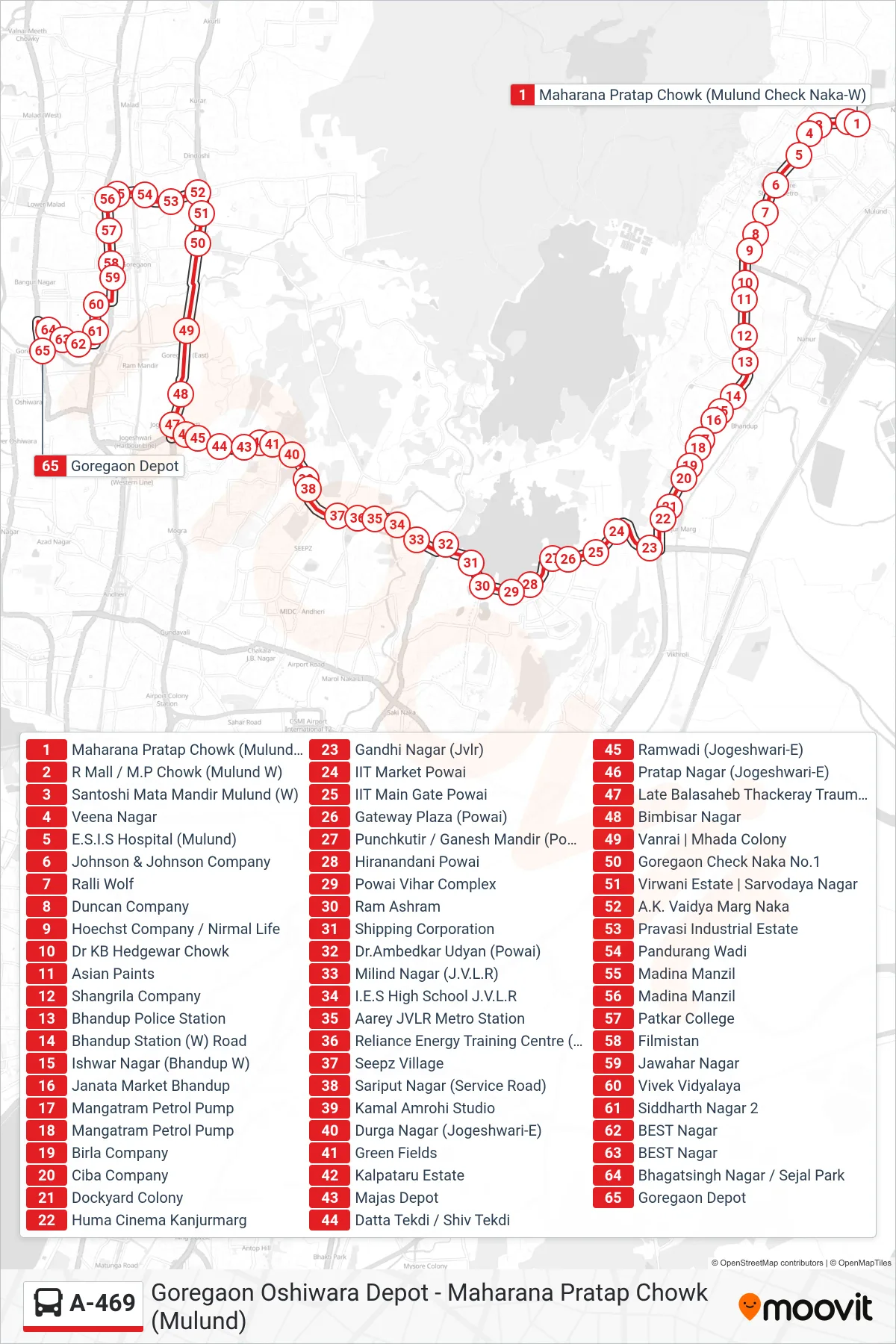 A-469 bus Line (Goregaon Oshiwara Depot) route and stops on a map