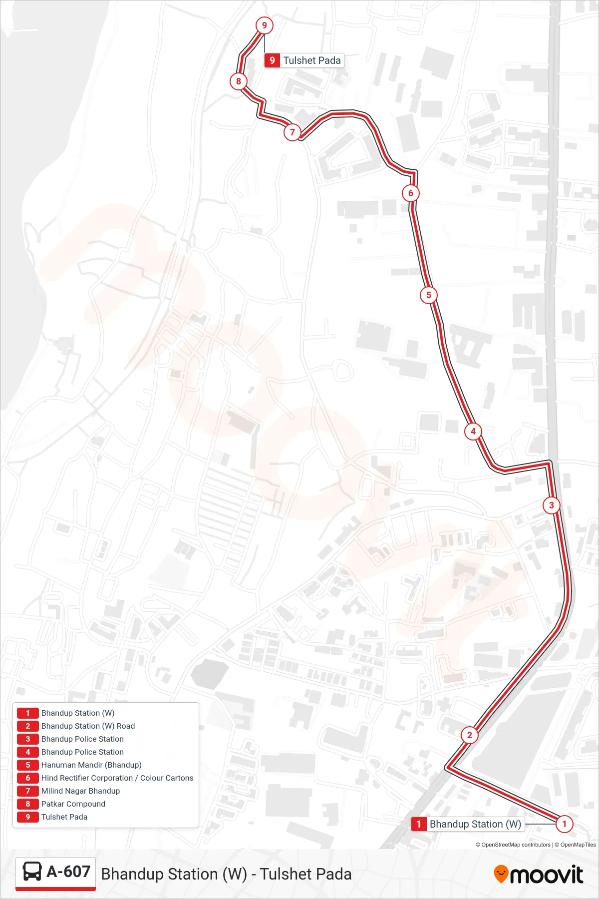 A-607 bus Line (Tulshet Pada) route and stops on a map