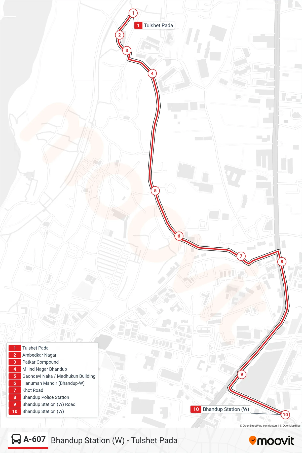 A-607 bus Line (Bhandup Station (W)) route and stops on a map