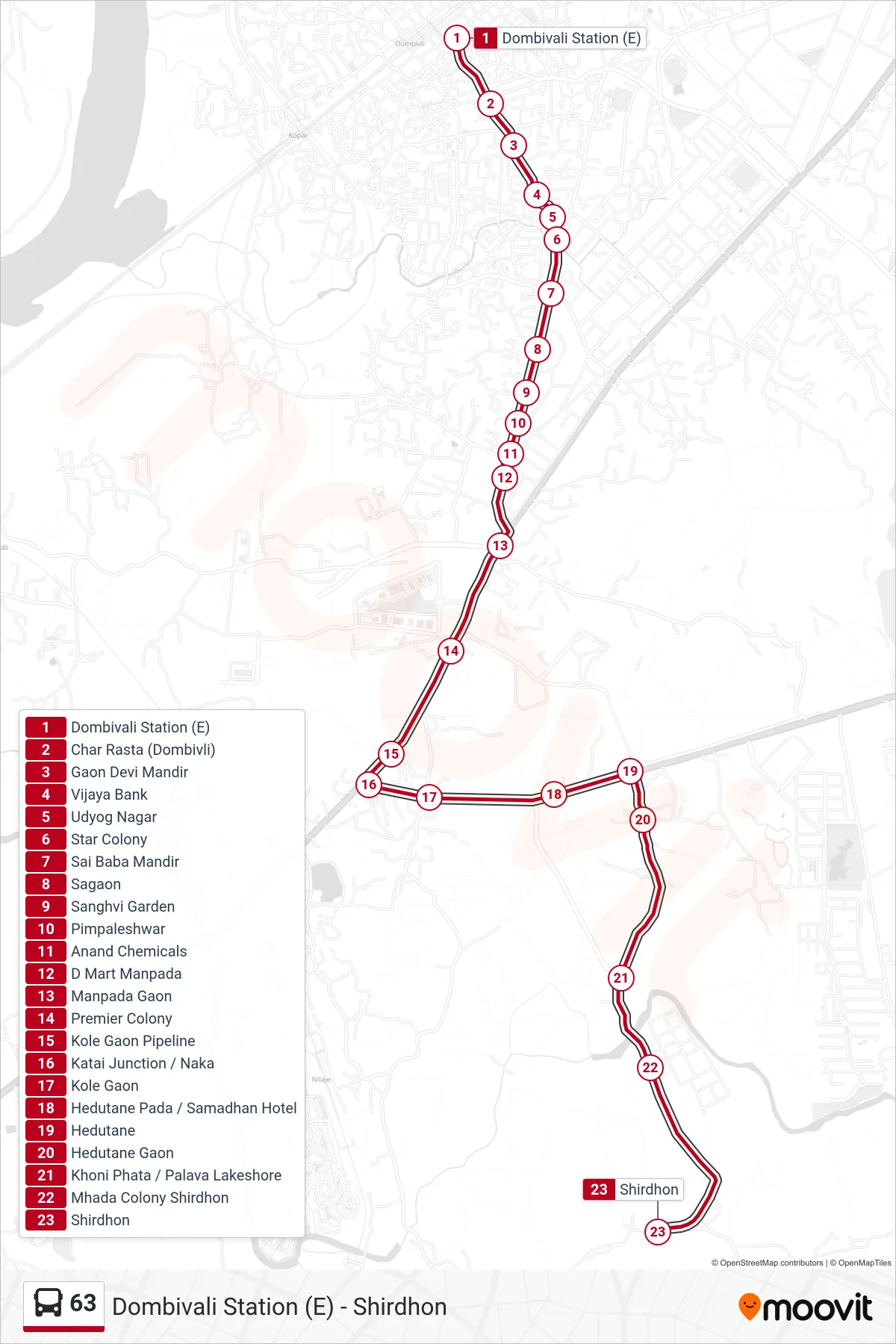 63 bus Line (Shirdhon) route and stops on a map