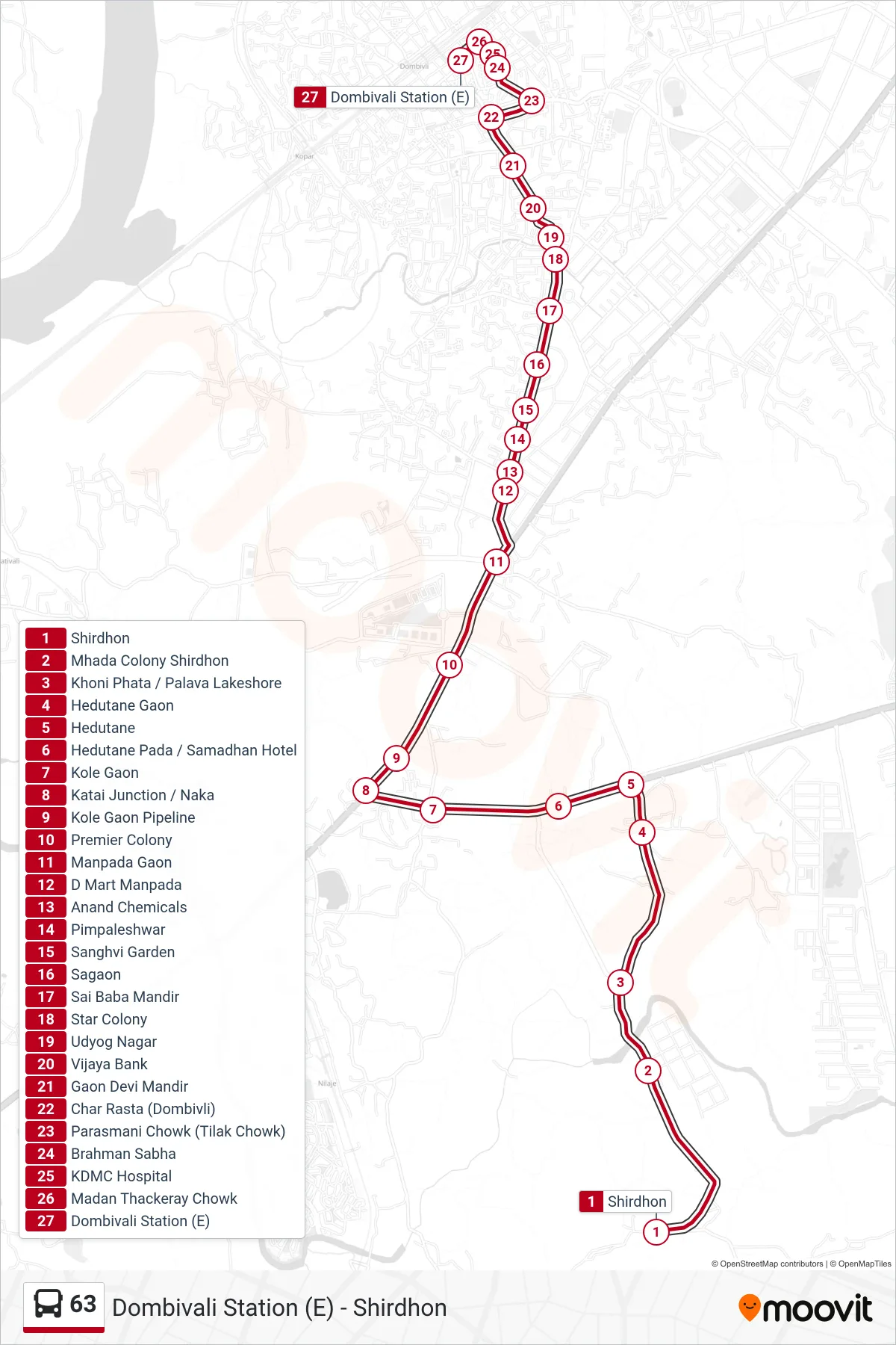 63 bus Line (Dombivali Station (E)) route and stops on a map