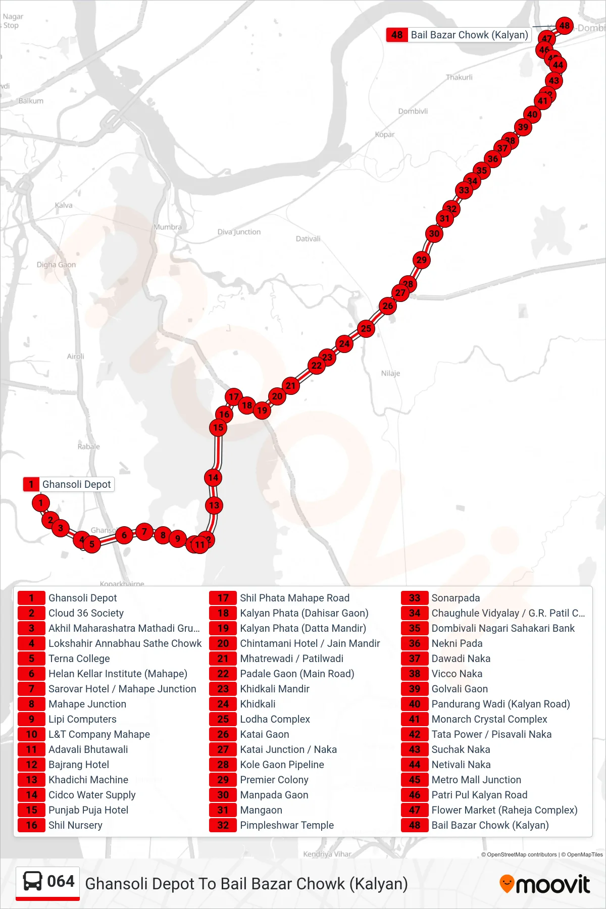 064 bus Line (Bail Bazar Chowk (Kalyan)) route and stops on a map