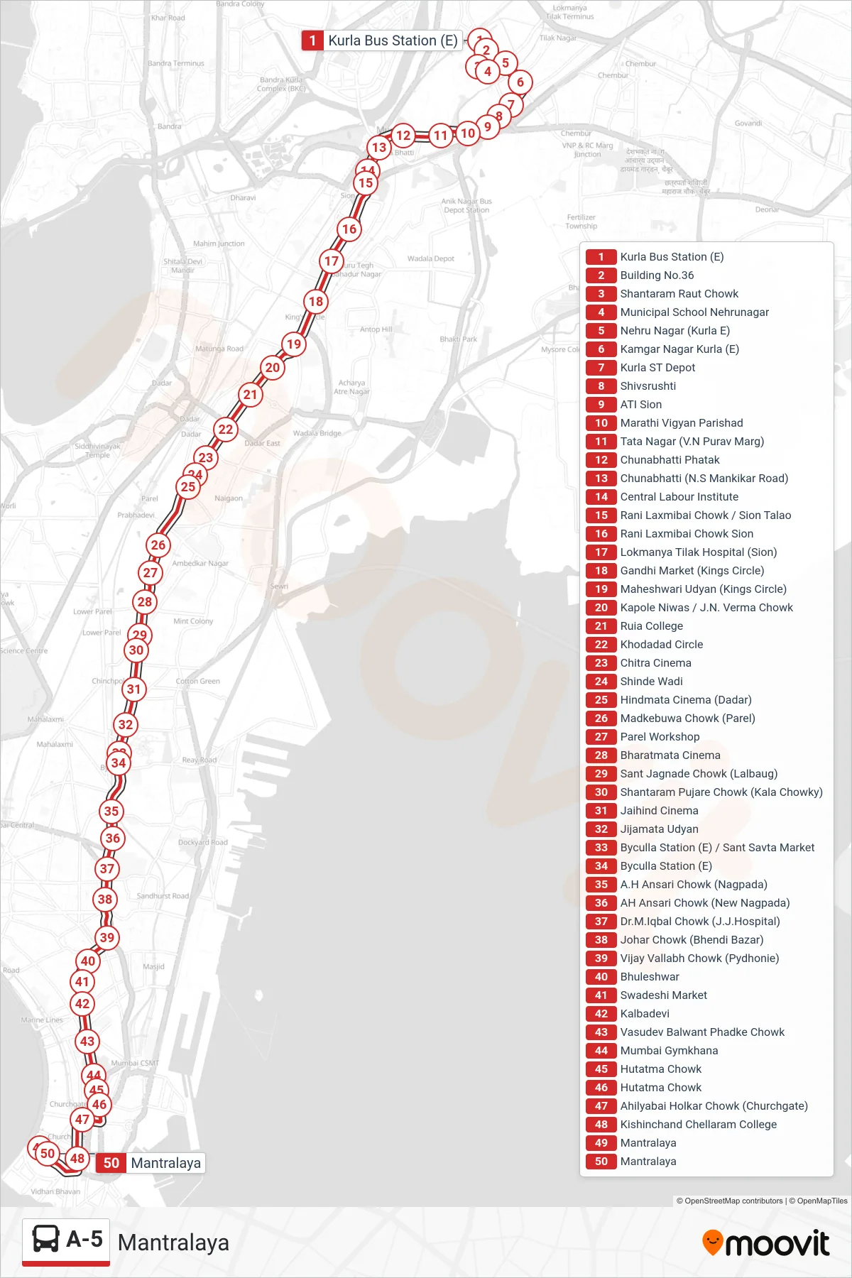 A-5 bus Line (Mantralaya) route and stops on a map