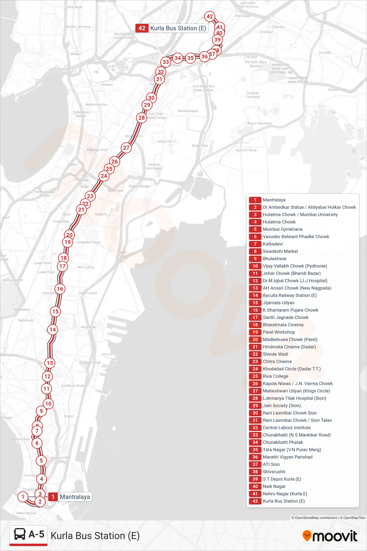 A-5 bus Line (Kurla Bus Station (E)) route and stops on a map