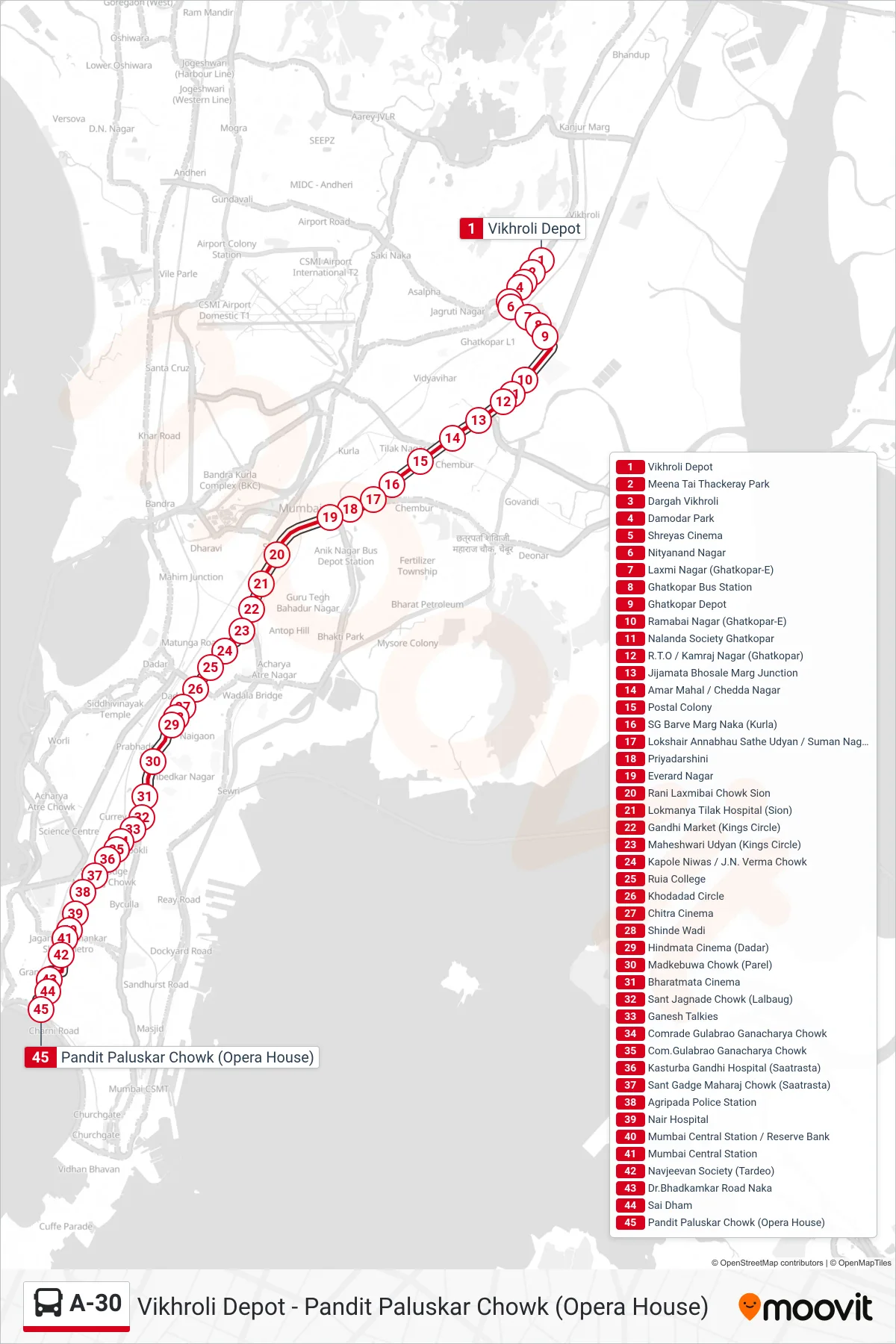 A-30 bus Line (Pandit Paluskar Chowk (Opera House)) route and stops on a map