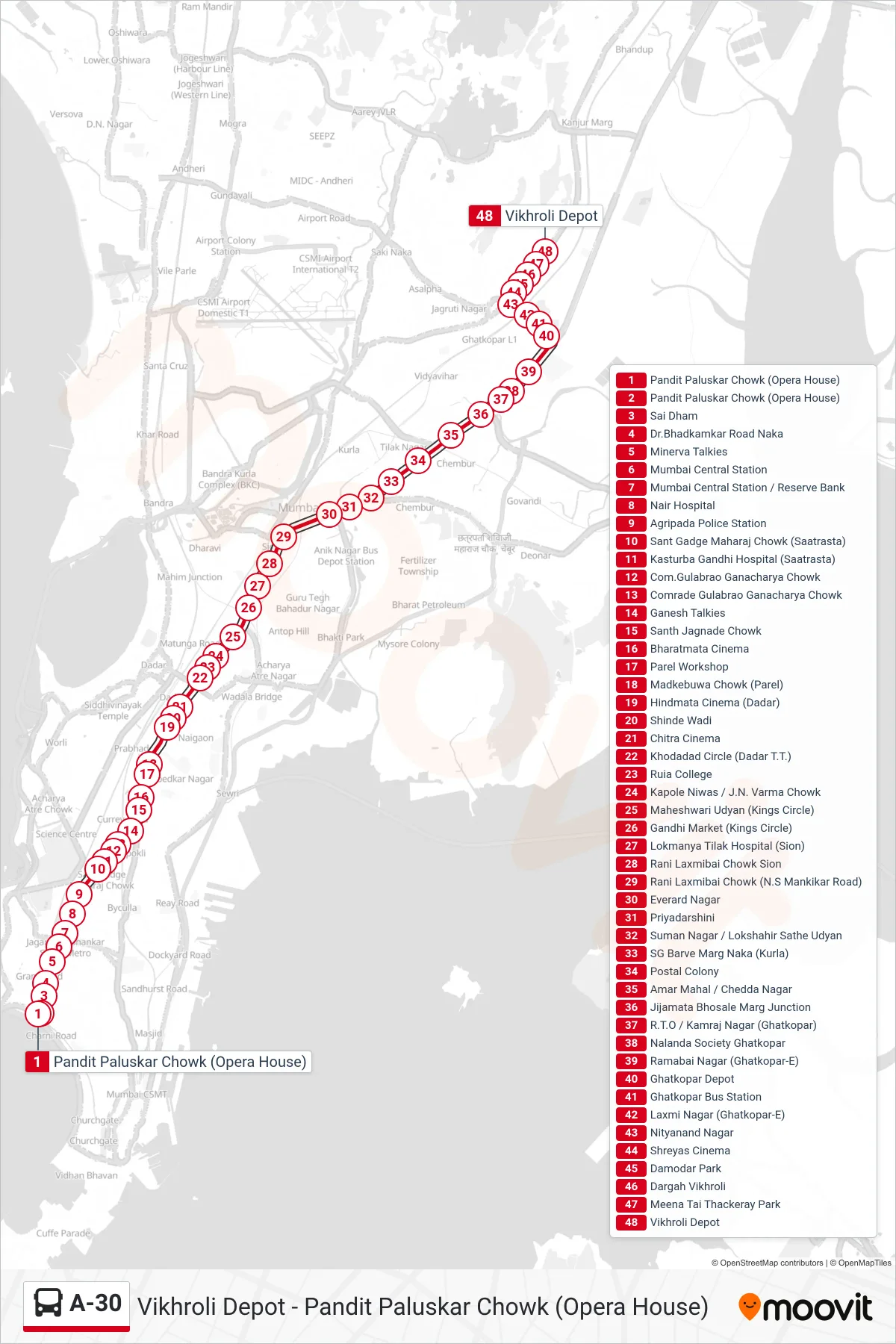 A-30 bus Line (Vikhroli Depot) route and stops on a map