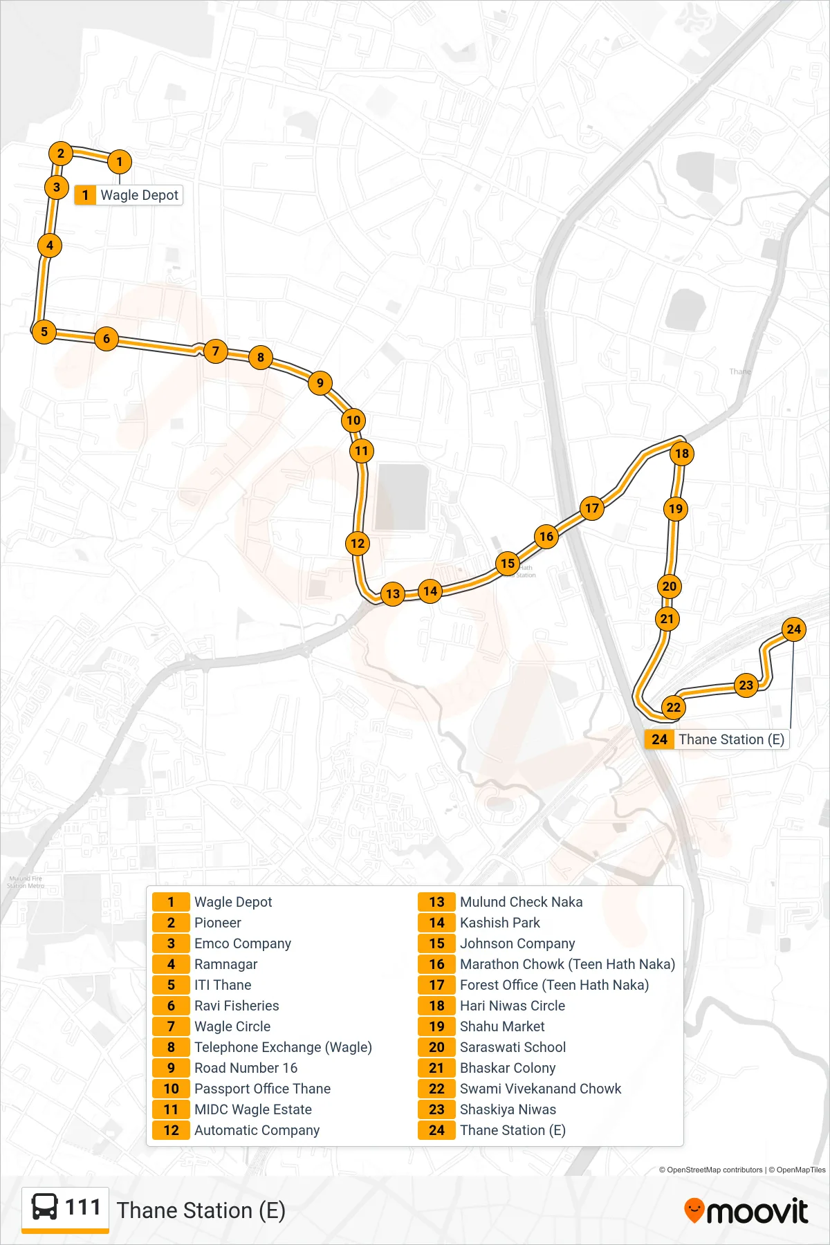 111 bus Line (Thane Station (E)) route and stops on a map