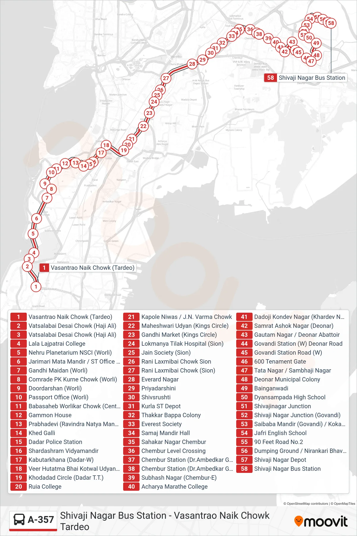 A-357 bus Line (Shivaji Nagar Bus Station) route and stops on a map