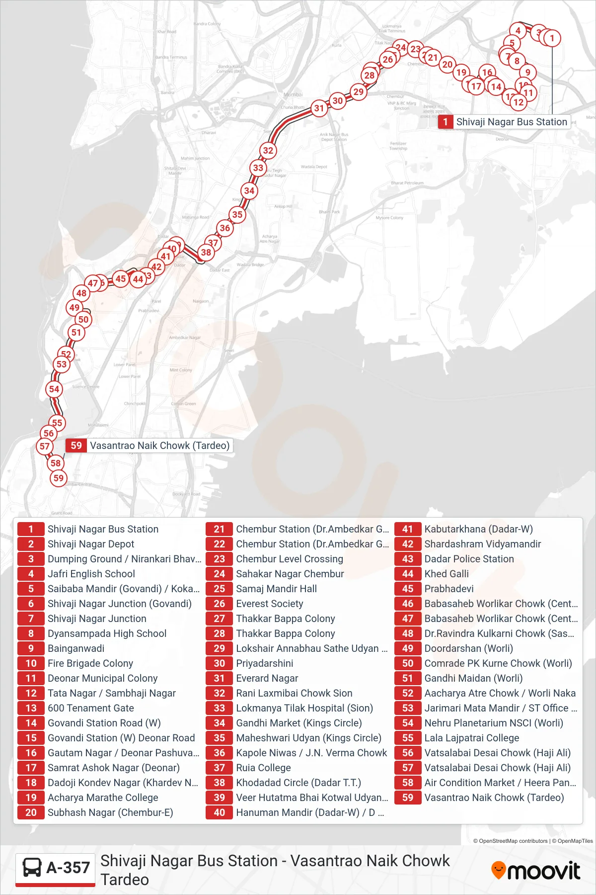 A-357 bus Line (Vasantrao Naik Chowk Tardeo) route and stops on a map