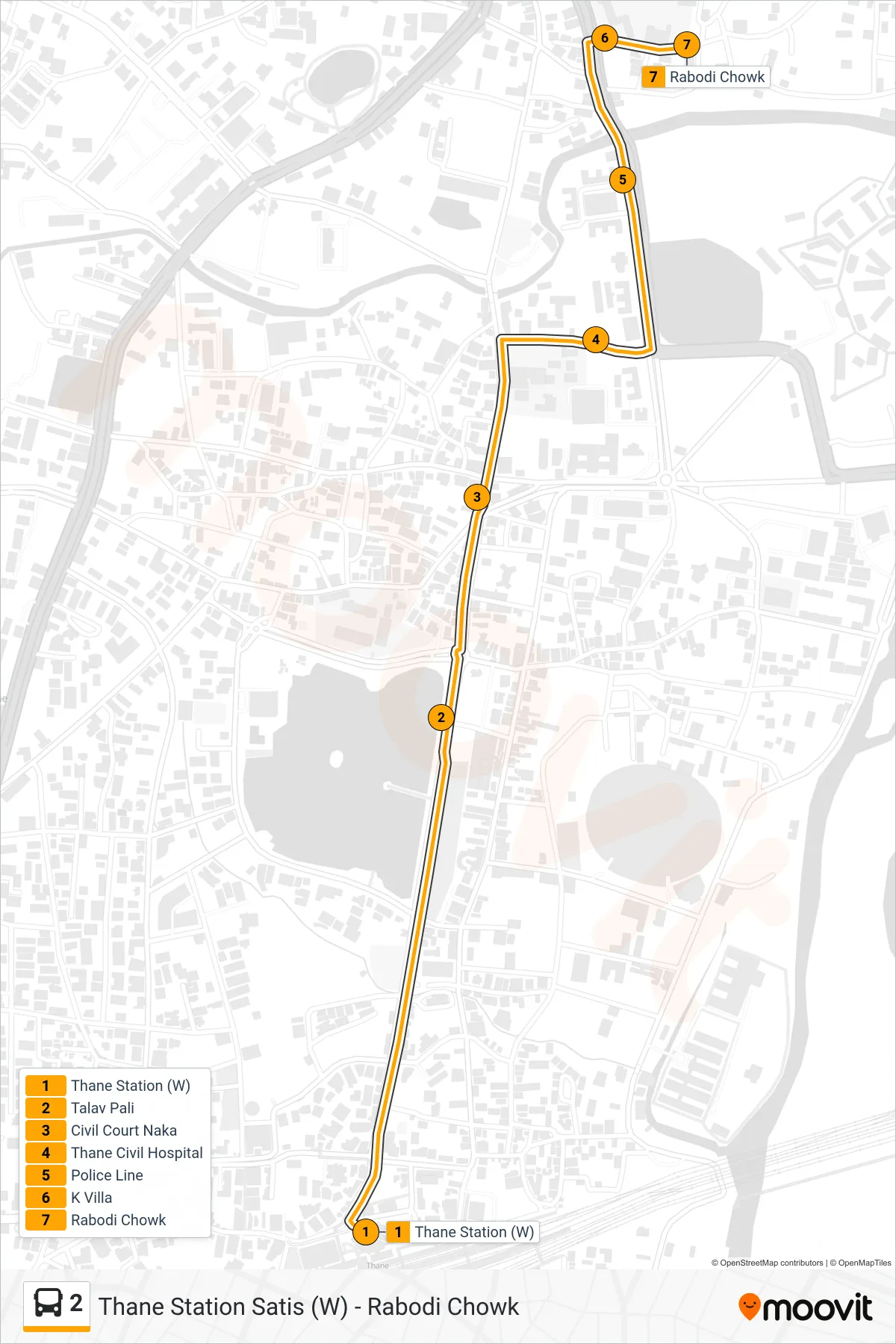 2 bus Line (Rabodi Chowk) route and stops on a map