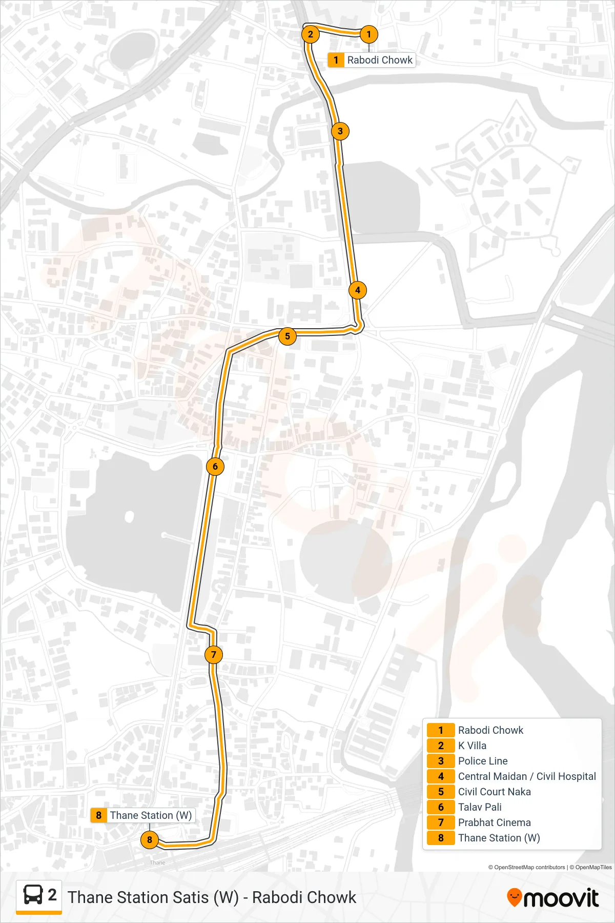 2 bus Line (Thane Station Satis (W)) route and stops on a map