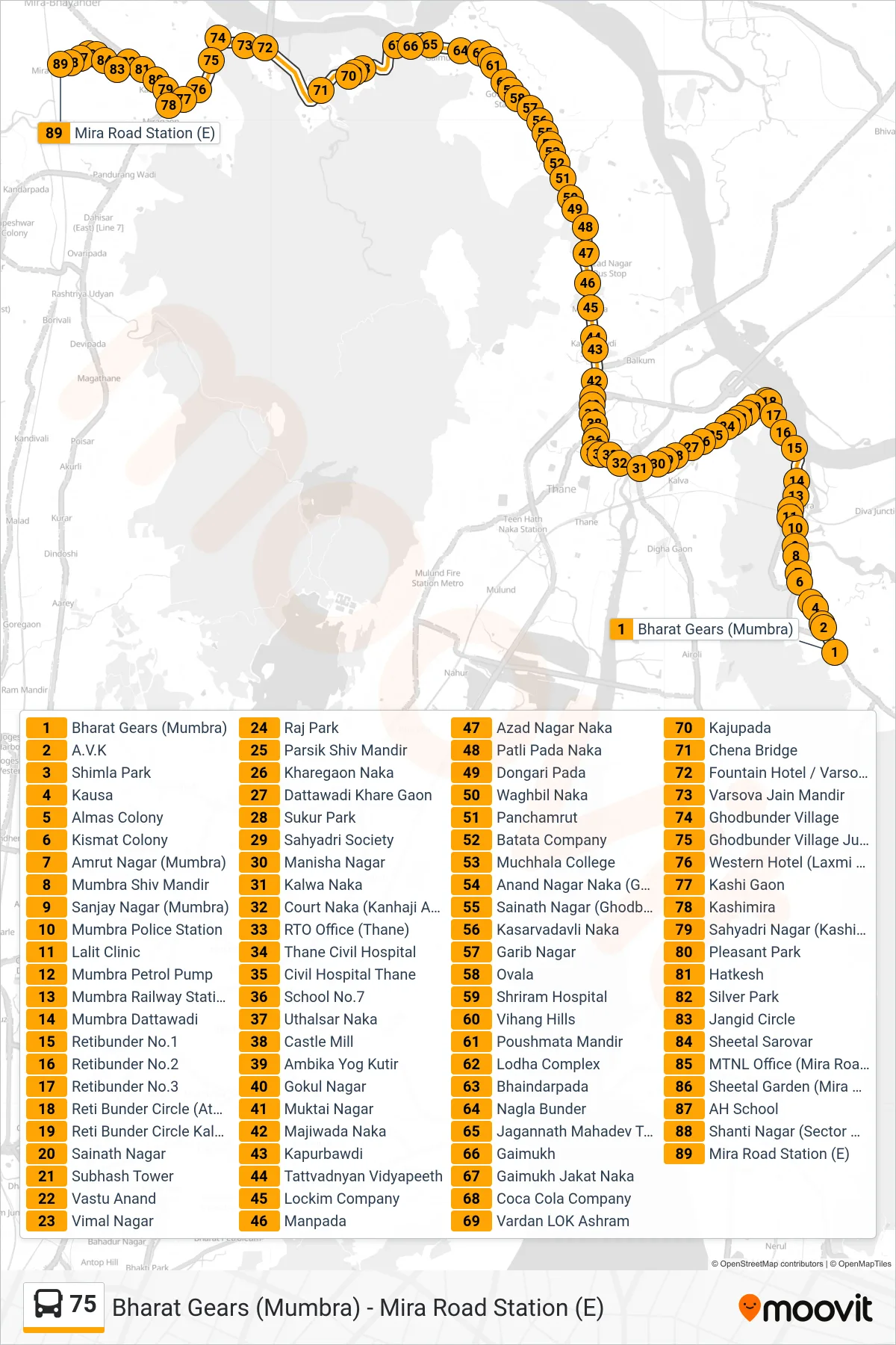 75 bus Line (Mira Road Station (E)) route and stops on a map