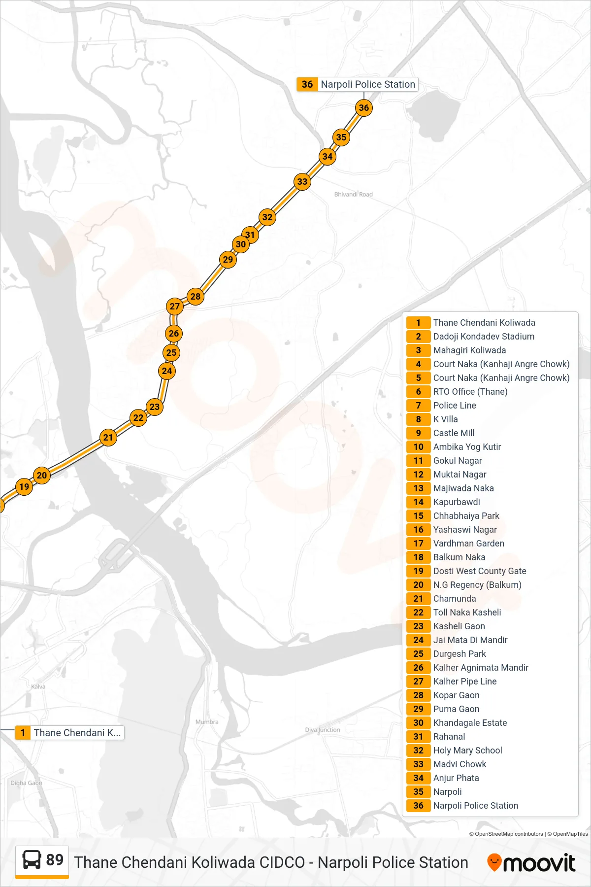 89 bus Line (Narpoli Police Station) route and stops on a map