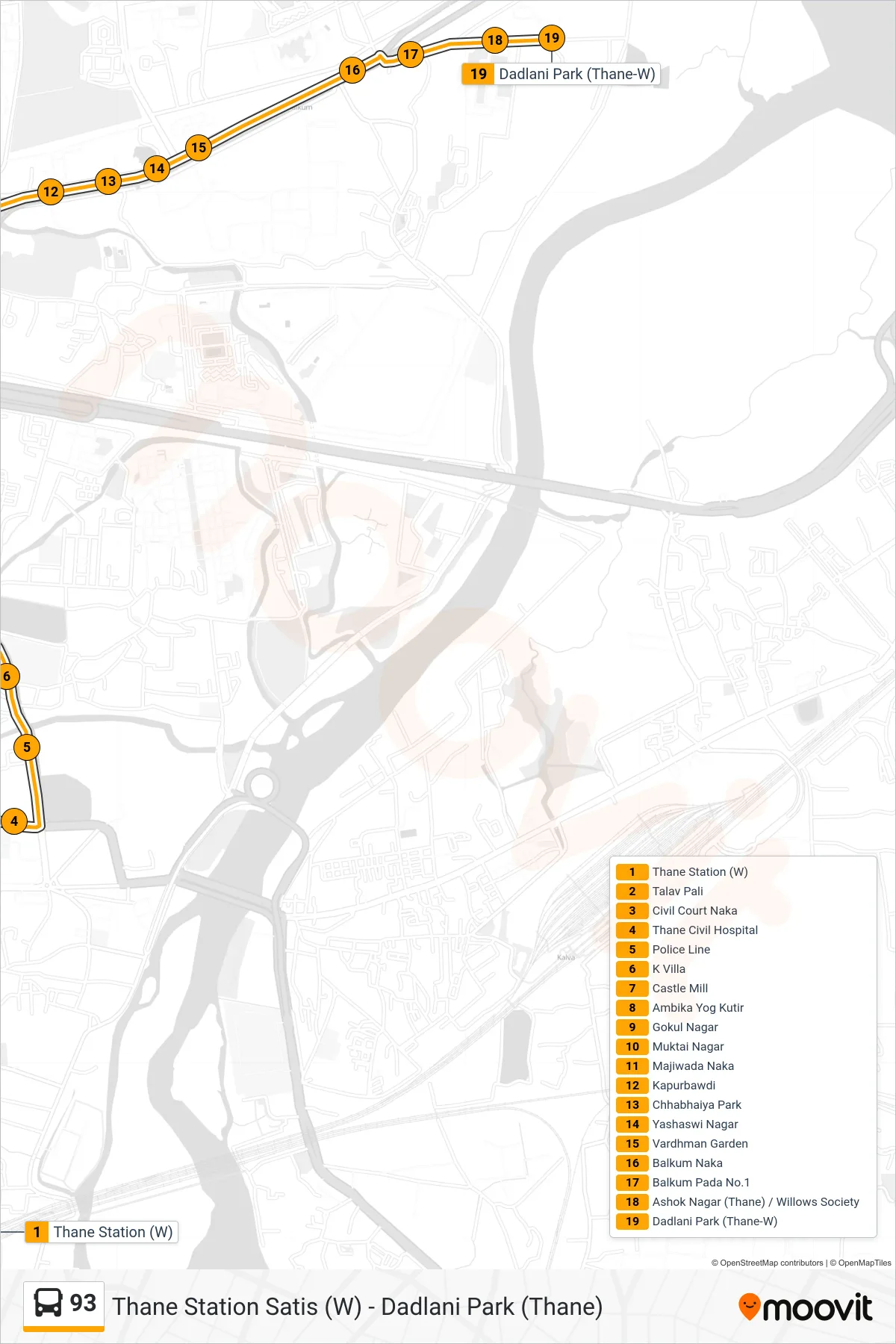 93 bus Line (Dadlani Park (Thane)) route and stops on a map